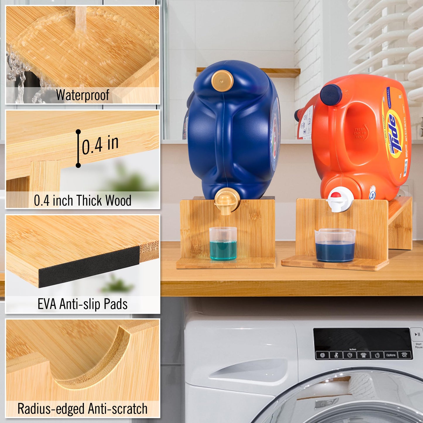 MyLifeUNIT Laundry Detergent Dispenser, 2 Pack Wooden Laundry Detergent Holder Stand with Tray for Laundry Room Organization and Storage