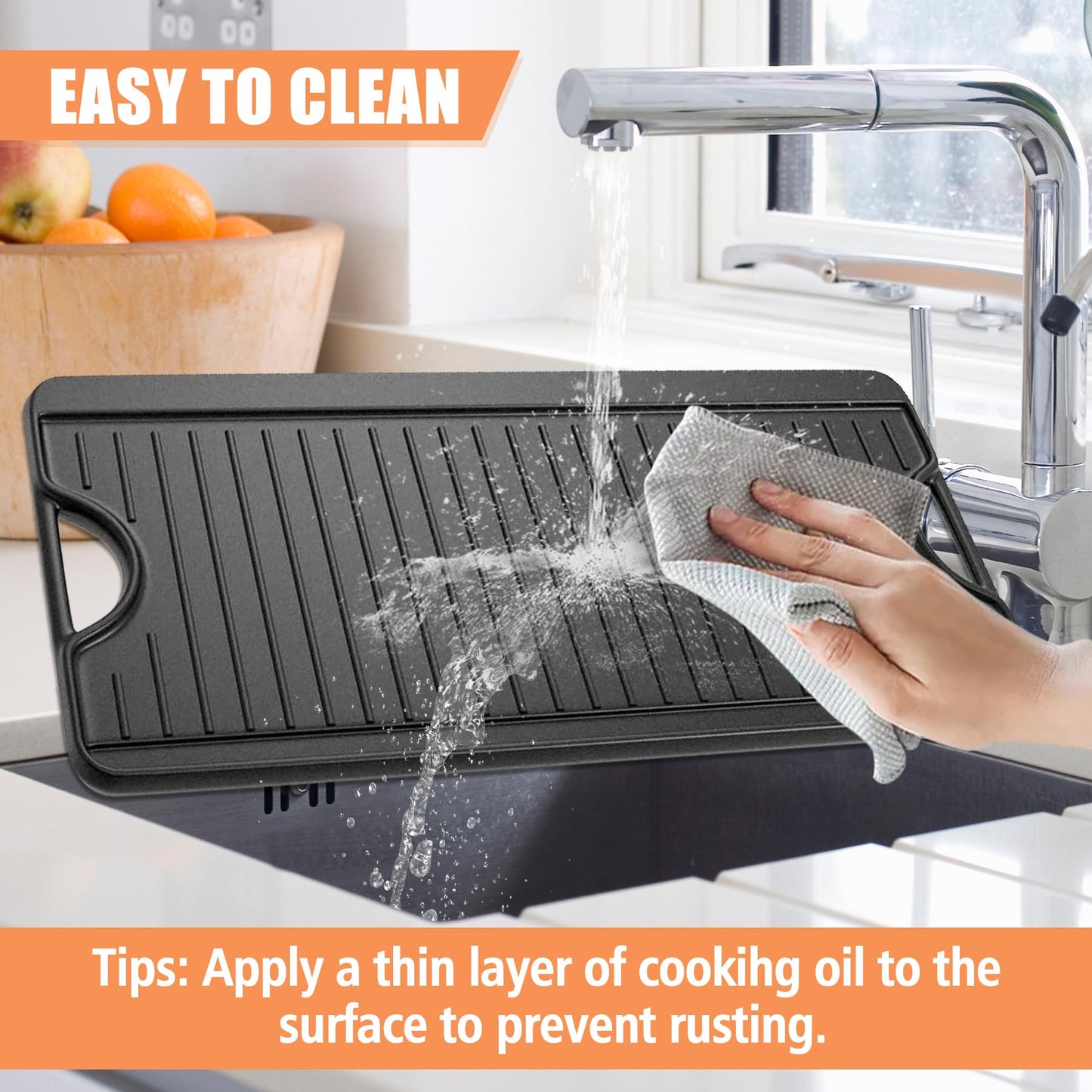 KEESHA Universal Reversible Griddle 17" x 10" Heavy Duty Cast Iron Double Burner Cooking Griddle Pan with Carrying Handles on Both Sides for Gas Stoves and Grills