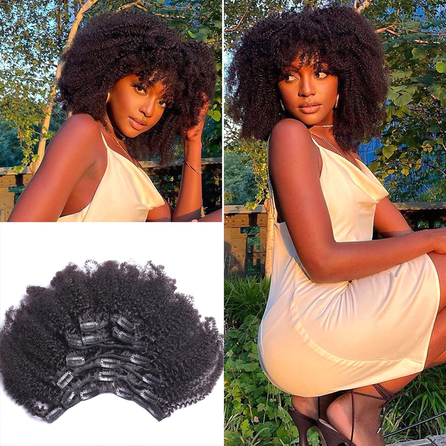 Kabadu Hair 9a Grade Clip In Hair Mongolian Afro Kinky Curly Clip In hair 8pcs 18clips/set Mongolian Virgin Human Hair Clip Ins Natural Black Color (1 bundle 10inch, natural black)