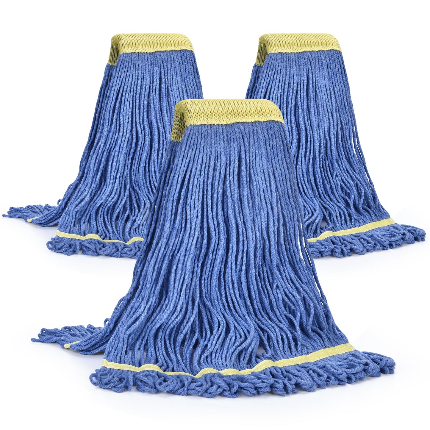 Matthew Cleaning Commercial Mop Head Replacement, 5 Inch Wide Headband, Looped End Cotton Blend String Wet Mops for Floor Cleaning, 24 oz Large, 3-Pack Blue