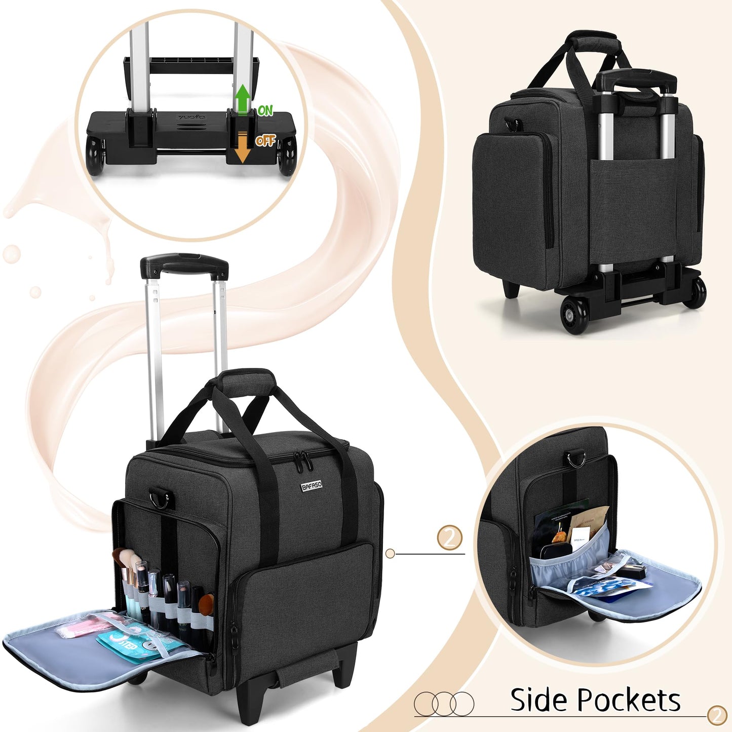 BAFASO Rolling Makeup Case with 3 Removable Pouches and 1 Makeup Brush Bag, Makeup Bag with Detachable Dolly (Patented), Black