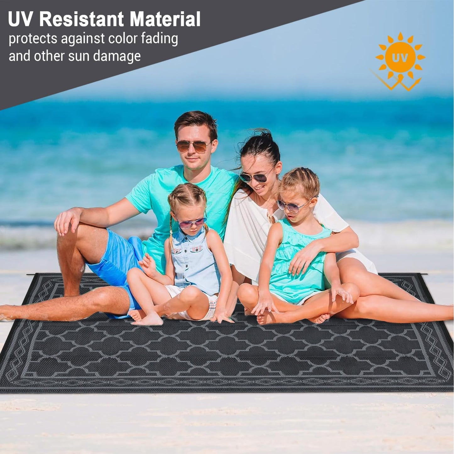Garvee Morocco Outdoor Plastic Straw Rug 6'x9', Patio Rugs for Camping, Reversible Outdoor Carpet for RV, Waterproof Geometric Mat for Picnic, Deck Balcony Porch Backyard,Black & Grey