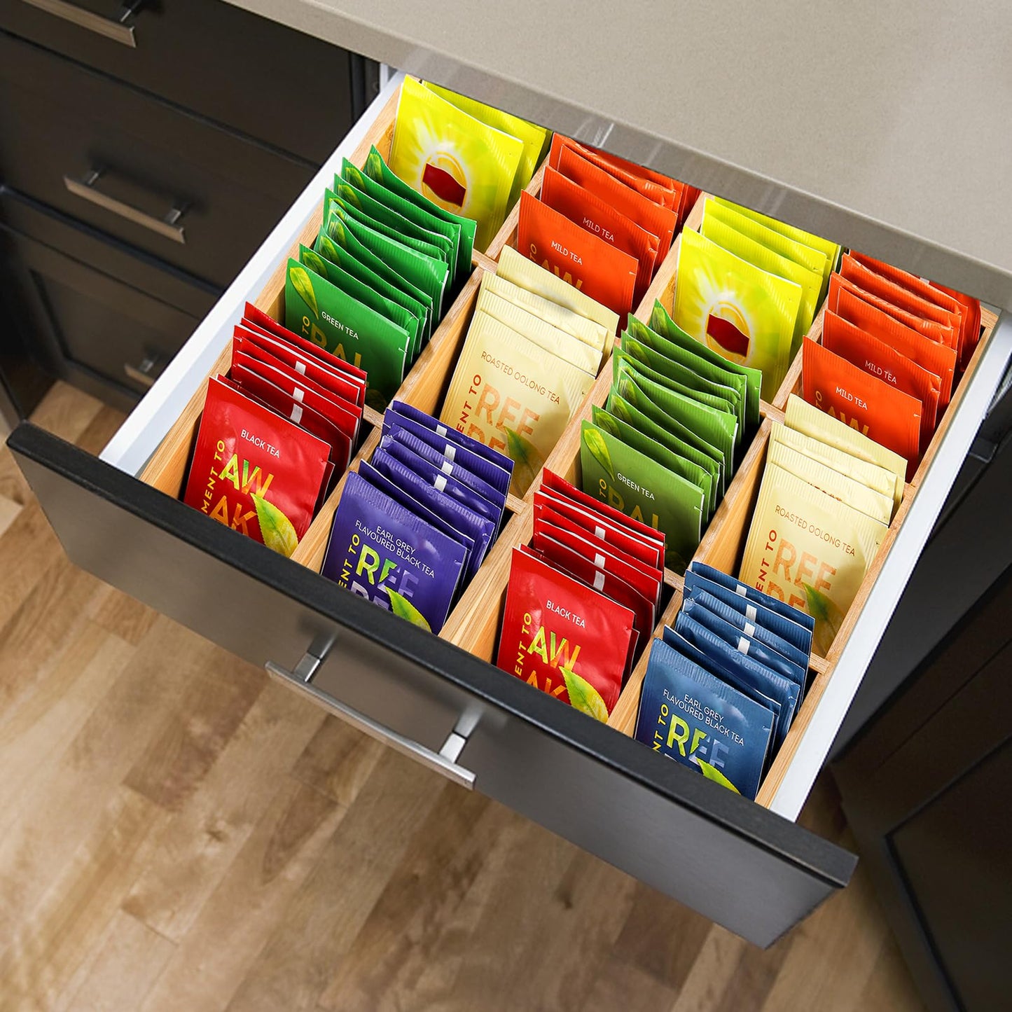 Dicunoy 2 Pack Bamboo Tea Bag Organizer, Wood Tea Drawer Box Storage Holder With 6 Compartments, Chest Box for Coffee Station, Sugar Packet, Sweeteners, Small Packets