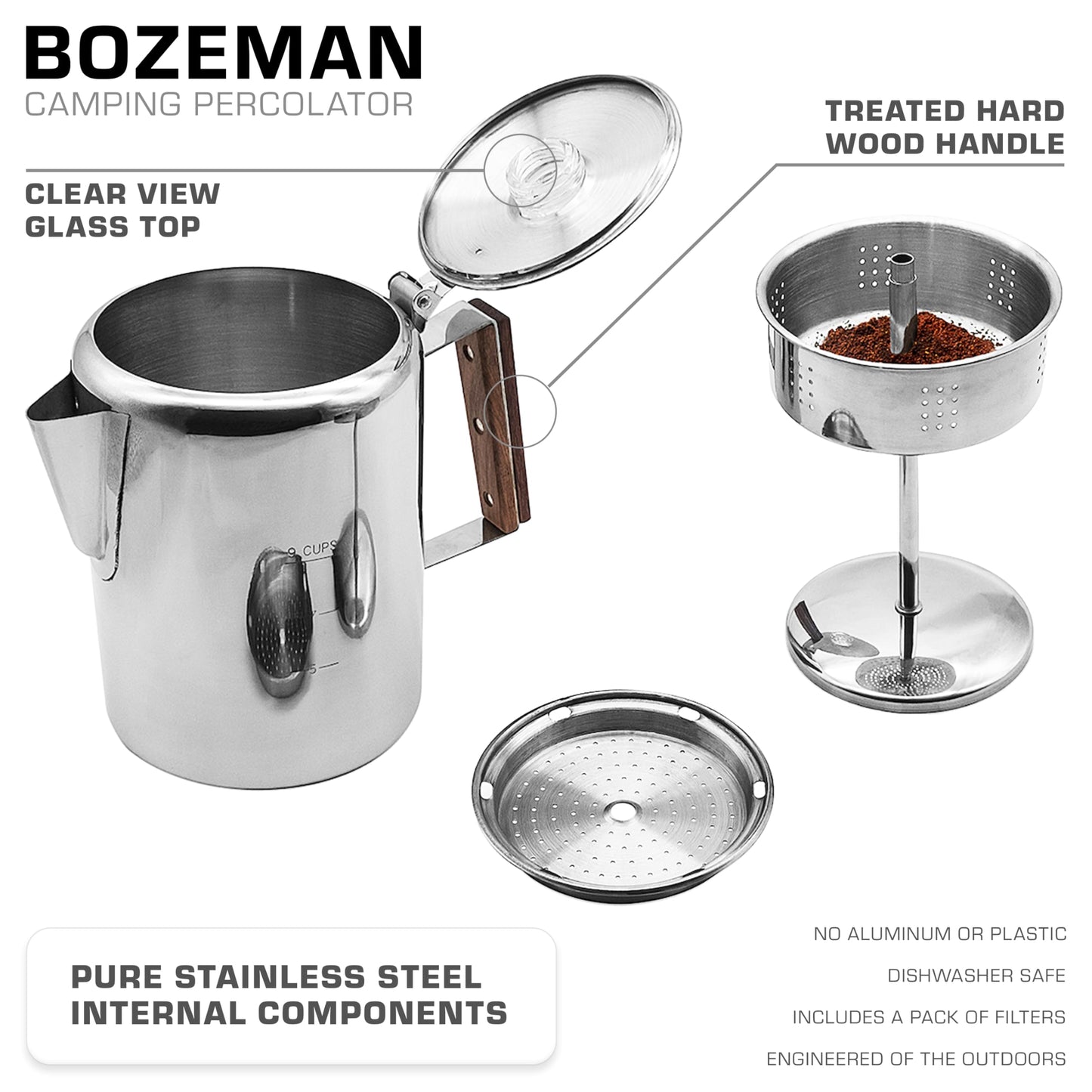 COLETTI Bozeman Percolator Coffee Pot – Camping Coffee Pot — NO Aluminum or Plastic [9 cup]