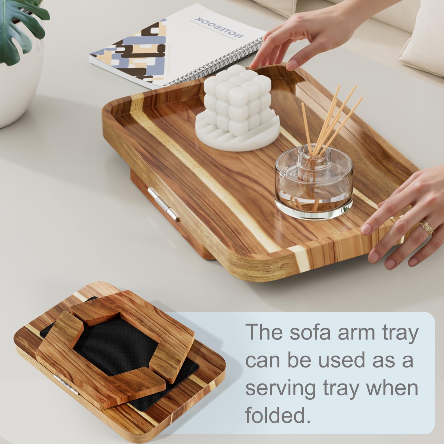 ZUJJAFY Couch Armrest Table, Acacia Wood Couch Arm Tray, Clip-On Sofa Arm Tray Table for Drink Eating Snacks Remote and Control
