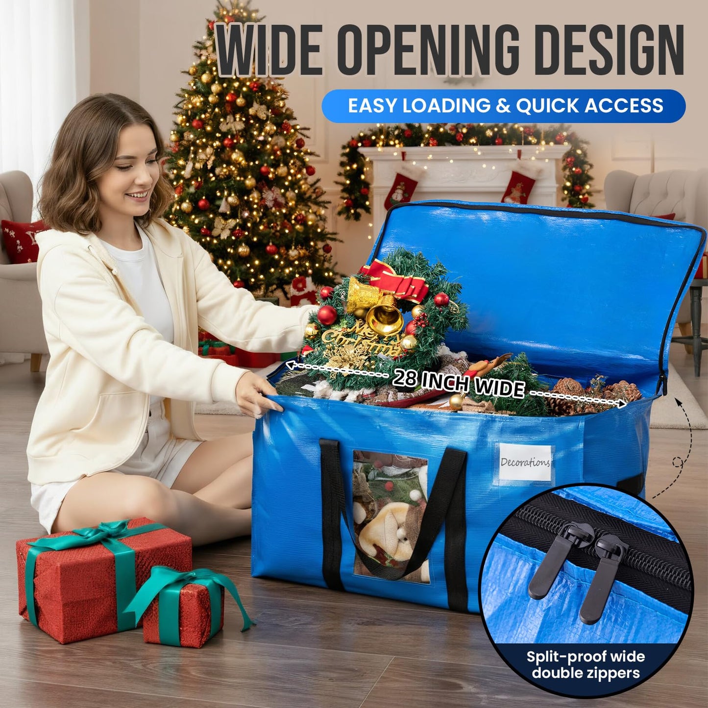 TAILI Extra Large Moving Bags, Heavy Duty Totes for Storage with Visible Window, U-Shaped Around Handles, Storage Contrainer Box for Space Saving, Blue, 4 Pack