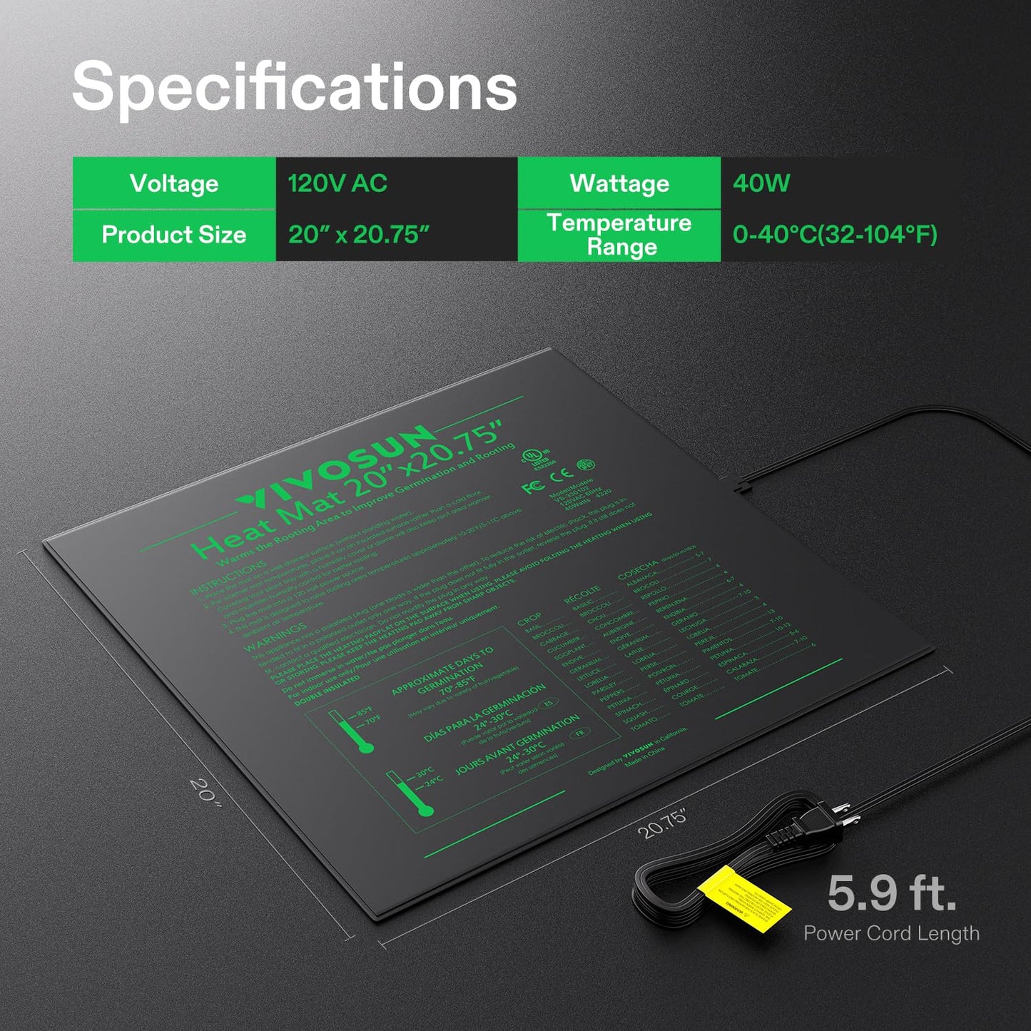 VIVOSUN Durable Waterproof Seedling Heat Mat 20" x 20.75" UL & MET-Certified Warm Hydroponic Heating Pad for Germination, Indoor Gardening, Greenhouse