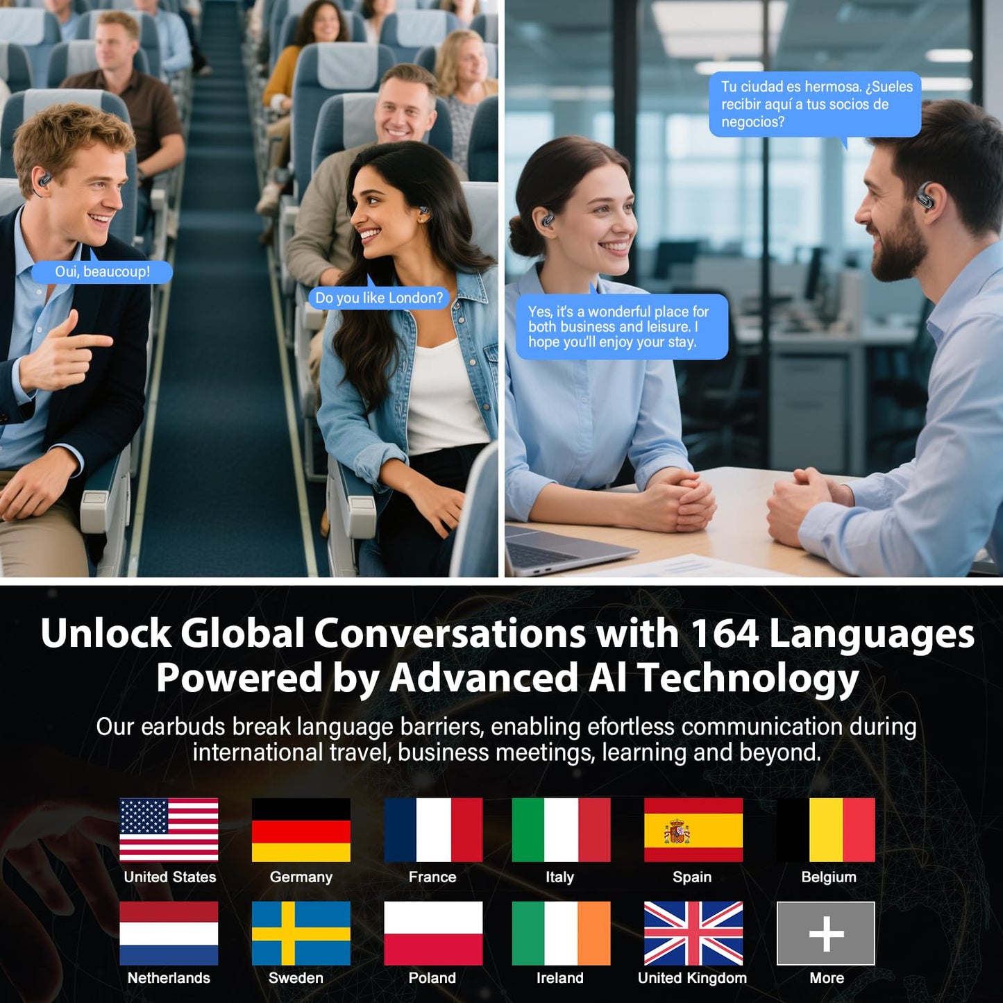 Ai Translation Earbuds Real Time with Audio and Video Calls, 3-in-1 Buletooth 5.4 Translator Earbuds with 6 Translation Modes/164 Languages/No Subscription Required (Onyx Black)