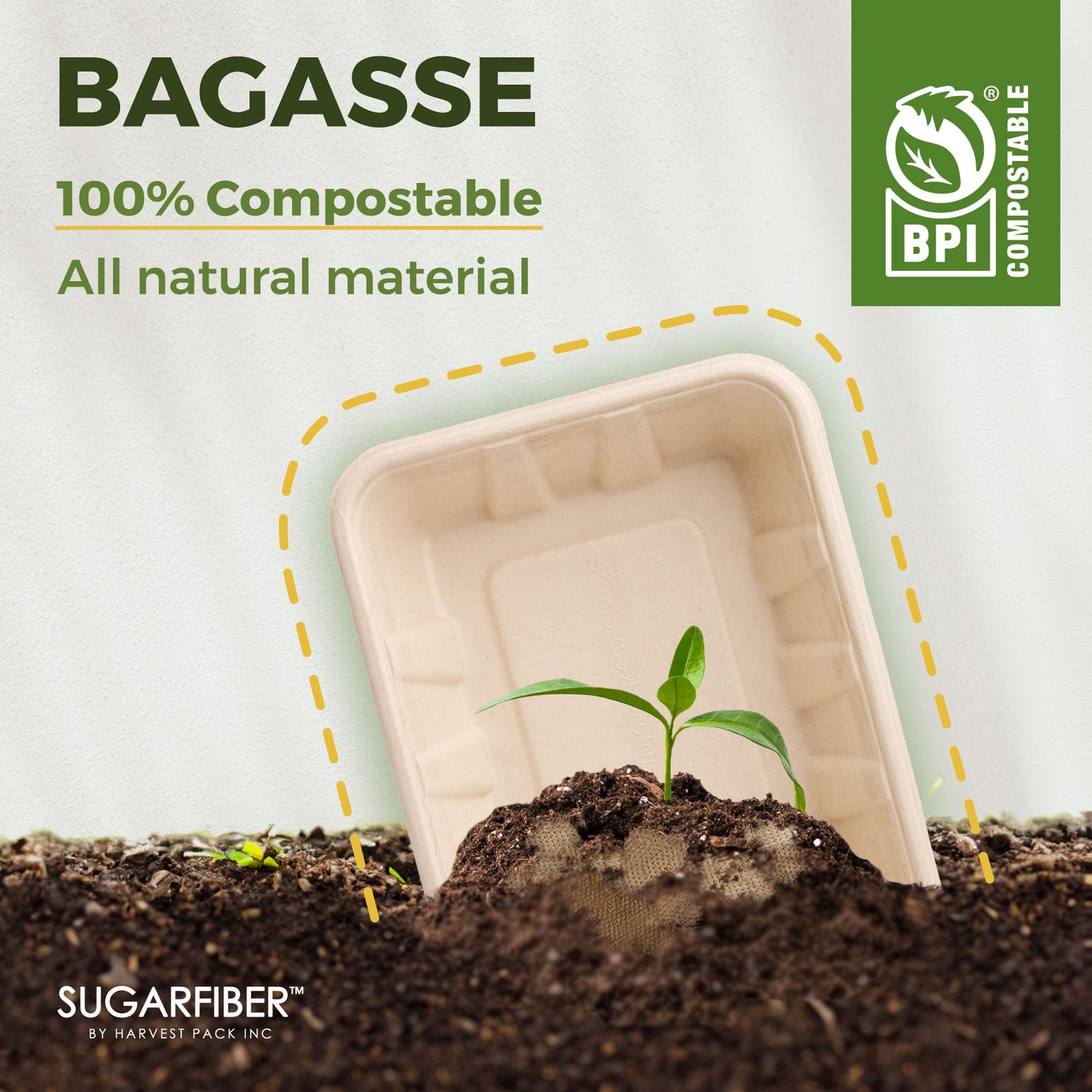 [100 COUNT]Harvest Pack 32 oz Compostable Food Trays, 8.49" x 6.45" x 1.86" Disposable PFAS FREE Food Container, Bagasse Rectangle Paper Plates, Sugarcane Eco-Friendly Plant Fibers, No Lids included