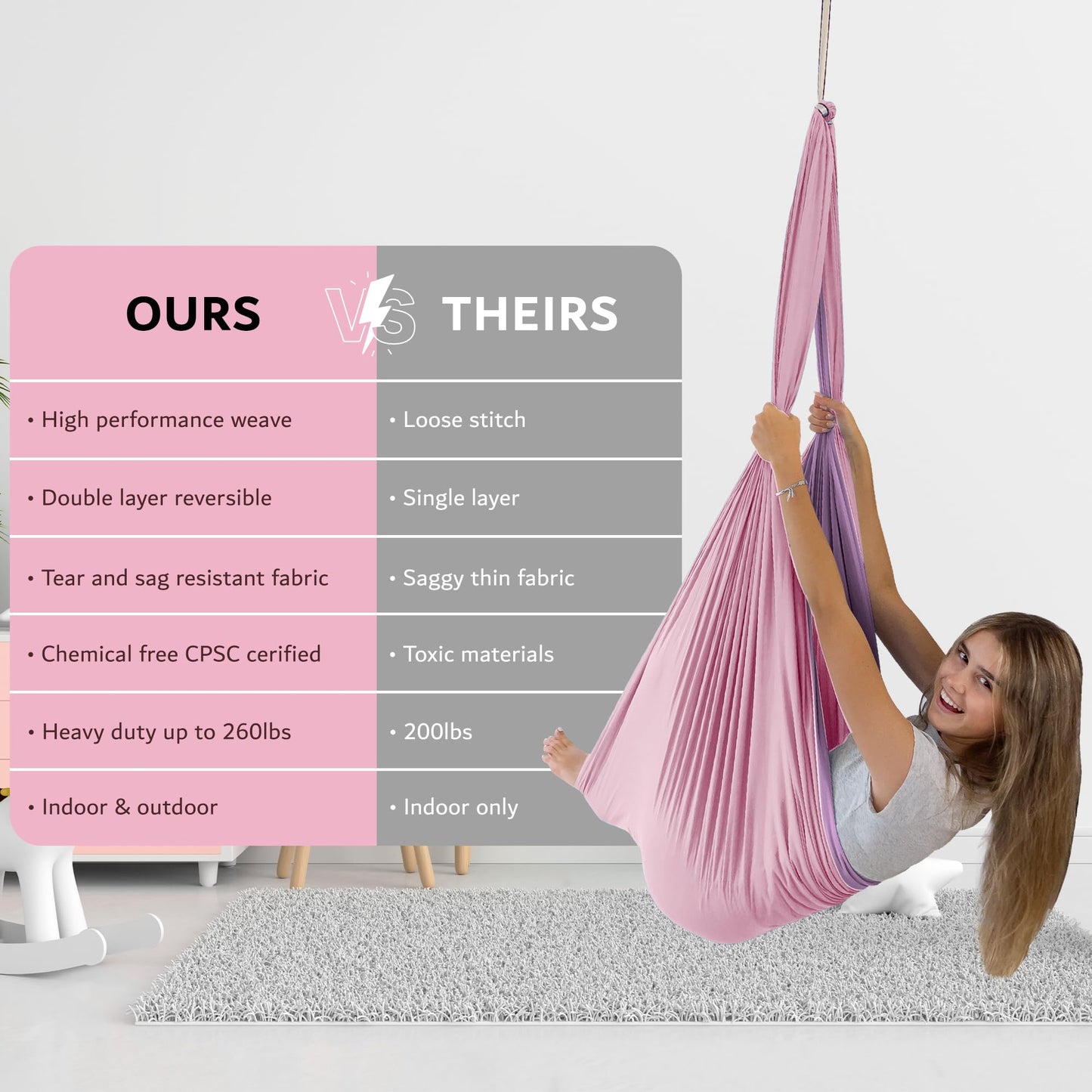 Bradoro Double Layer Reversible Sensory Swing | Outdoor and Indoor Swing for Kids and Adults Up to 260 lbs | Autism Cocoon Swing | Kids Sensory Swing Indoor | ADHD (Pink/Purple)