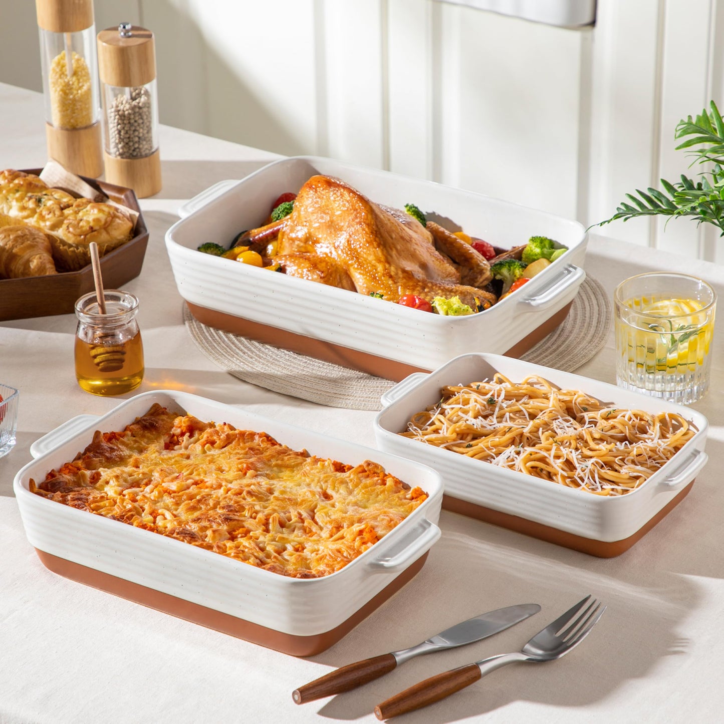 MALACASA Casserole Dishes for Oven, Ceramic Baking Dishes Set of 3, 1.45/2.7/3.8L Rectangular Baking Pan Set, Deep Lasagna Pan with Handles, Khaki White (14.5"/13"/10.5"), Series TARA
