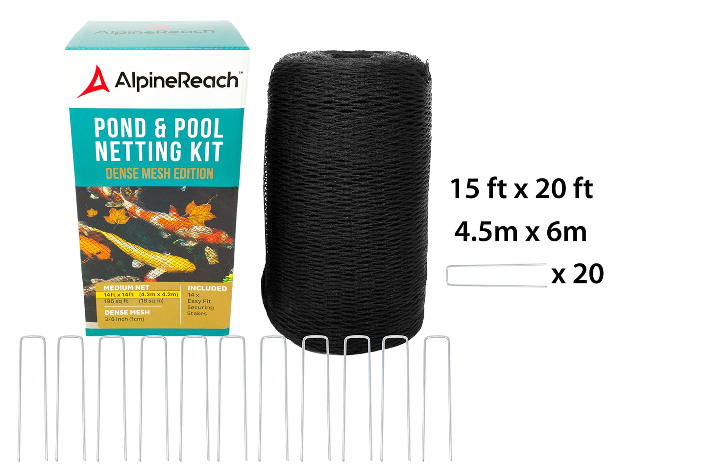 AlpineReach Pond Netting Kit 15 x 20 Feet (4.5m x 6m) & 20 Steel Staples - Woven Fine Mesh Heavy Duty Net Cover for Leaves - Protects Koi Fish from Blue Heron Birds Cats Predators - Galvanized Stakes