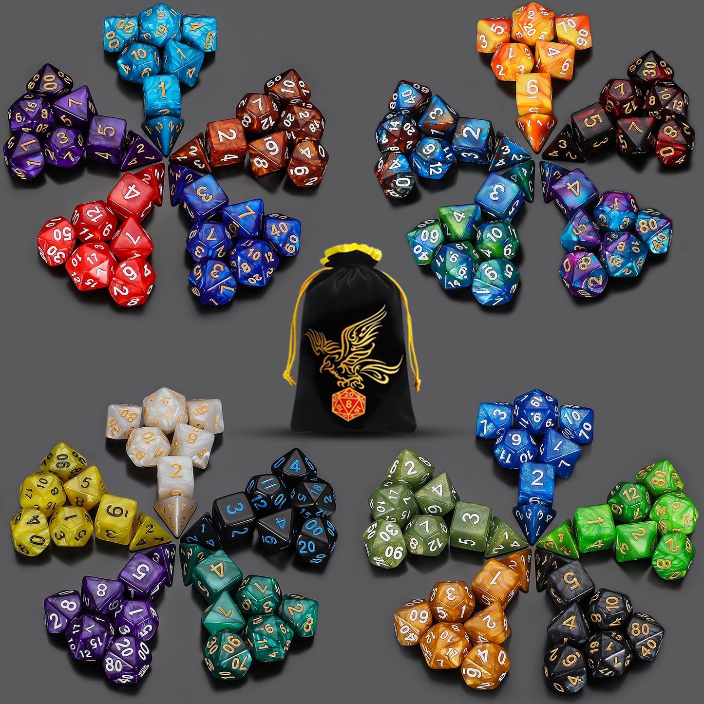 QMay DND Dice Set 20 X 7 Polyhedral Dice (140pcs) with 1 Large Flannel Bag, D&D Dice (D4 D6 D8 D10 D% D12 D20) for Dungeons and Dragons RPG MTG Table Games