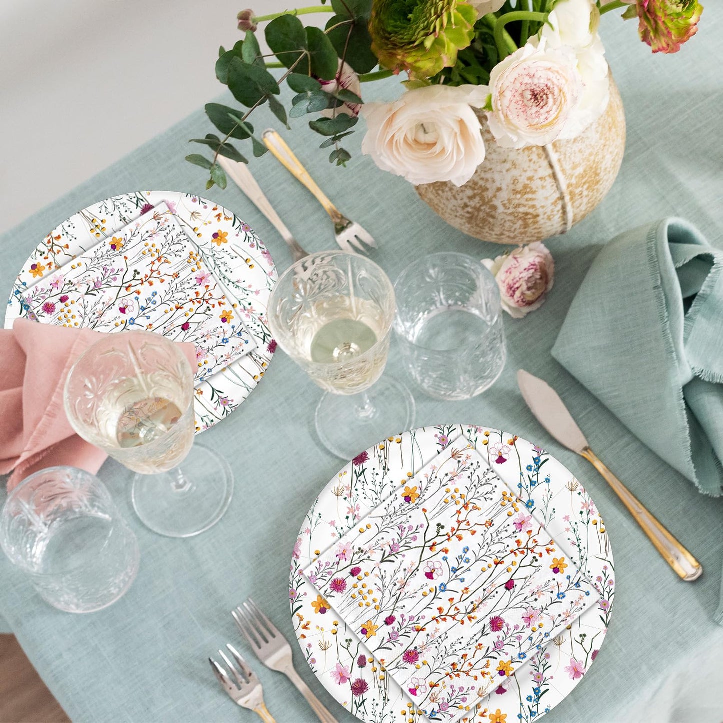 Whaline Floral Party Supplies Kit Serves 50 Wildflower Paper Plates and Napkins for Spring Picnic Wedding Birthday Baby Shower Party Supplies