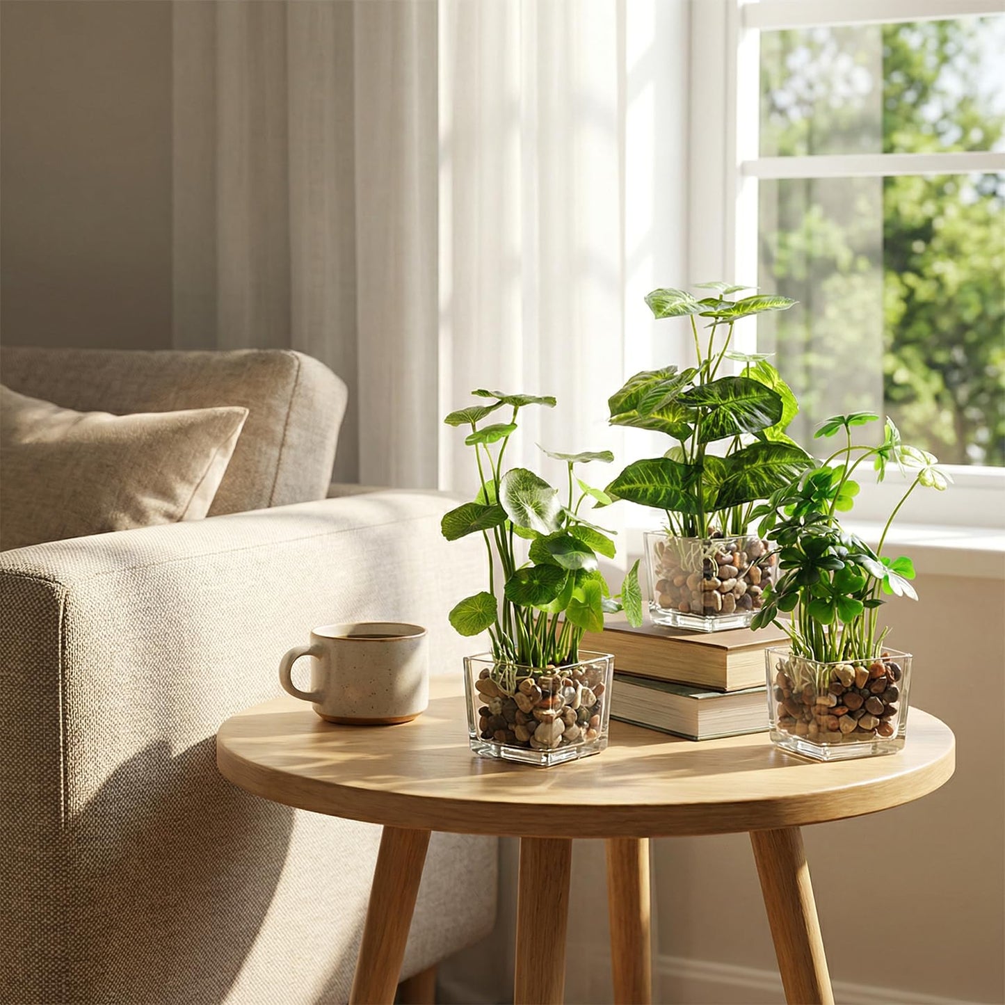 MyGift Set of 3 Small Fake Plants, 9.5 Inch Artificial Plants Indoor, Faux Tabletop Greenery in Clear Glass Pots for Home Decor