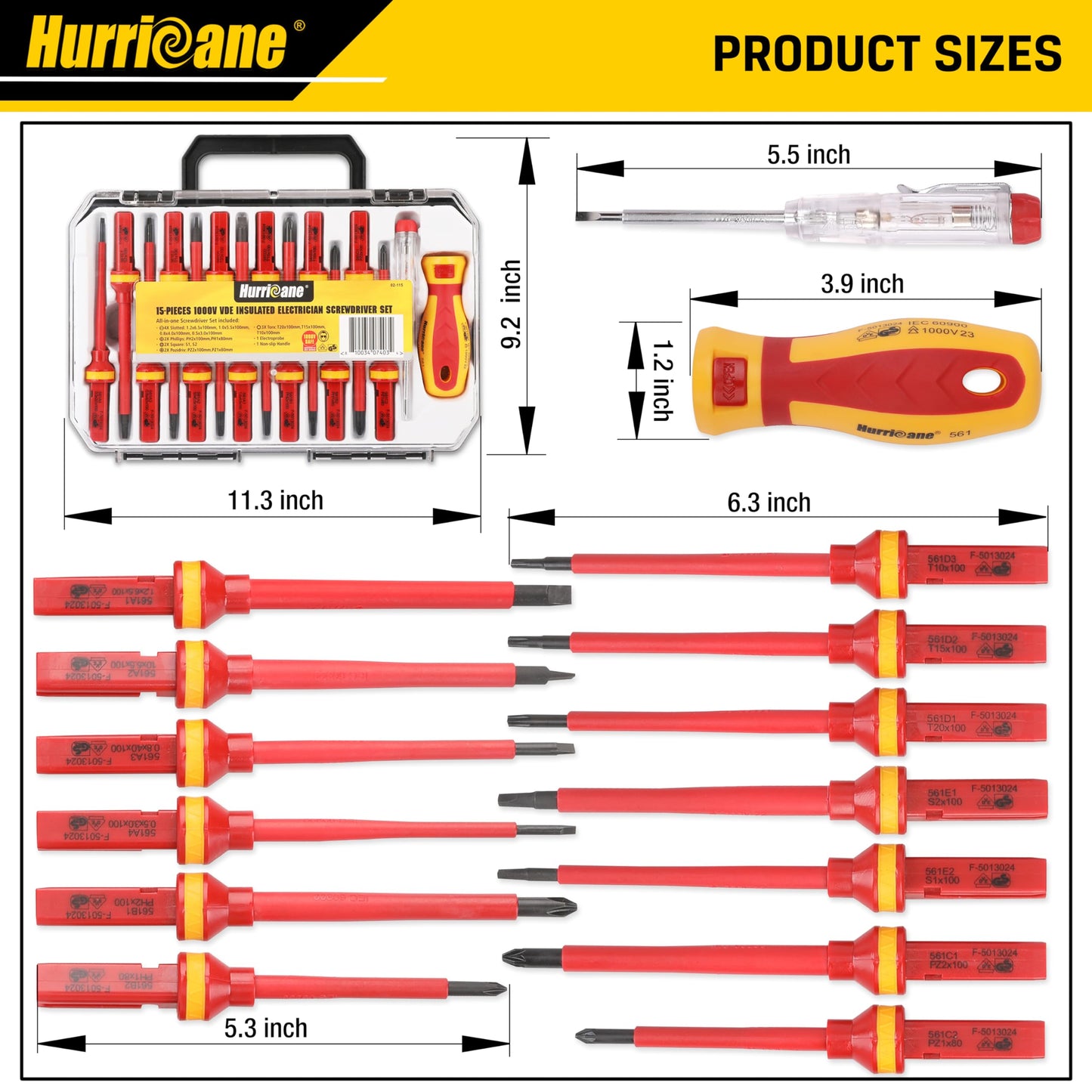 HURRICANE 1000V Insulated Screwdriver Set, 15 Piecse Professional Insulated Electrician Screwdriver Set, CR-V Magnetic Tips, Square(Robertson) Phillips Slotted Pozi Torx Insulated Electrician Tool Kit
