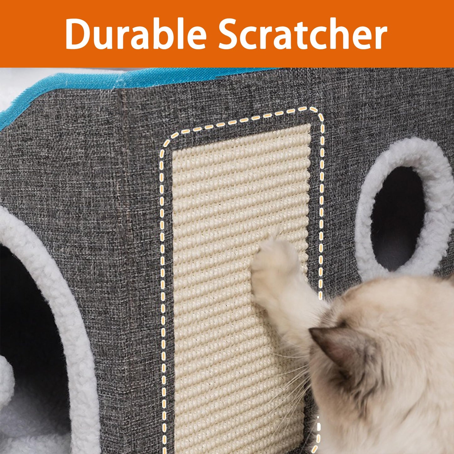 Loyareal Cat Houses for Indoor Cats - Large Cat Bed Cave for Cat House with Scratch Pad and Fluffy Ball, Foldable Cat Hideaway with Reversible Cushion Cat Condo for Multi Small Pet, Light Grey