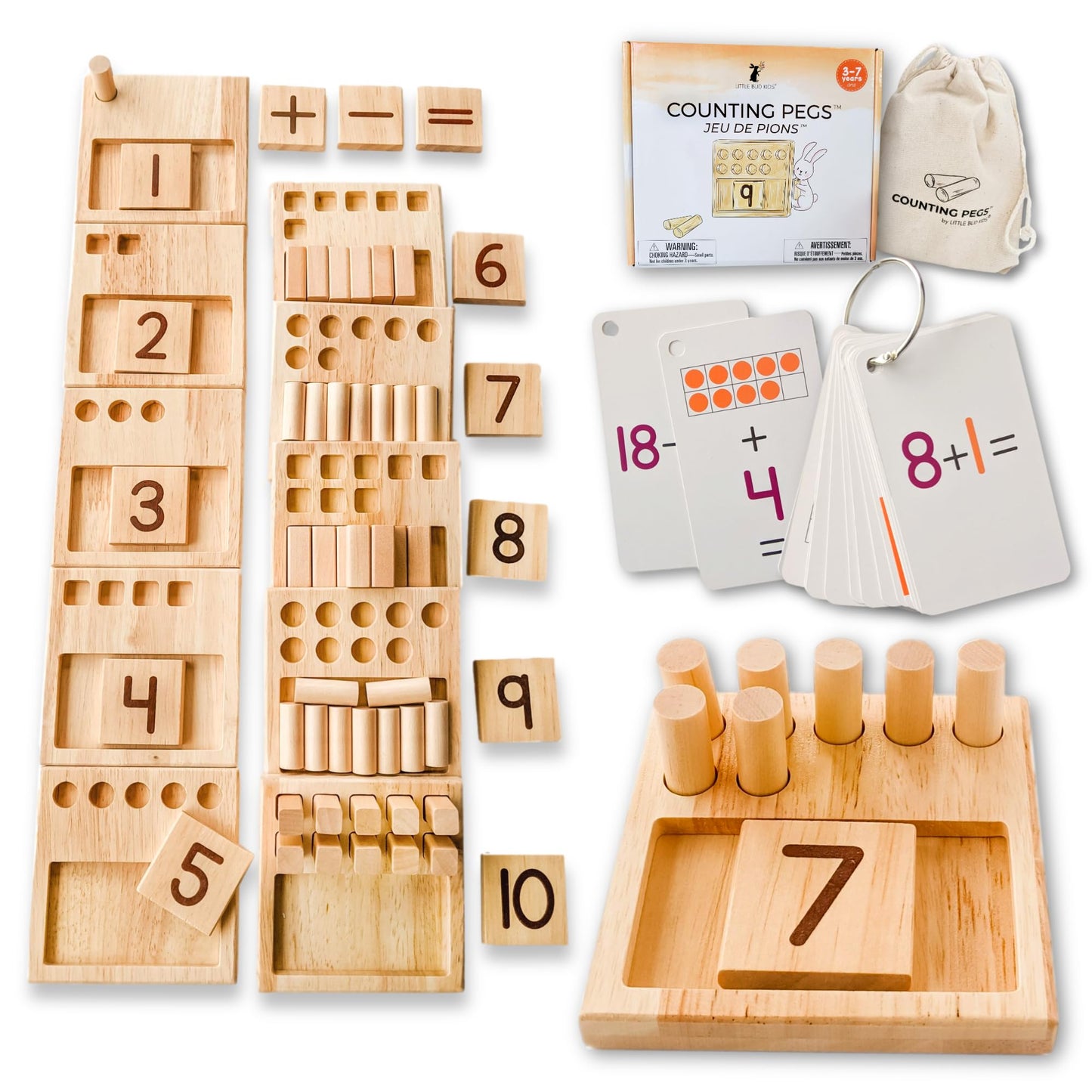 LITTLE BUD KIDS Counting Pegs Ten Frame Math Game - Number Peg Boards with Addition & Subtraction Flash Cards, A Number Learning Resources Toddler Math Puzzle & Kindergarten Montessori Toy