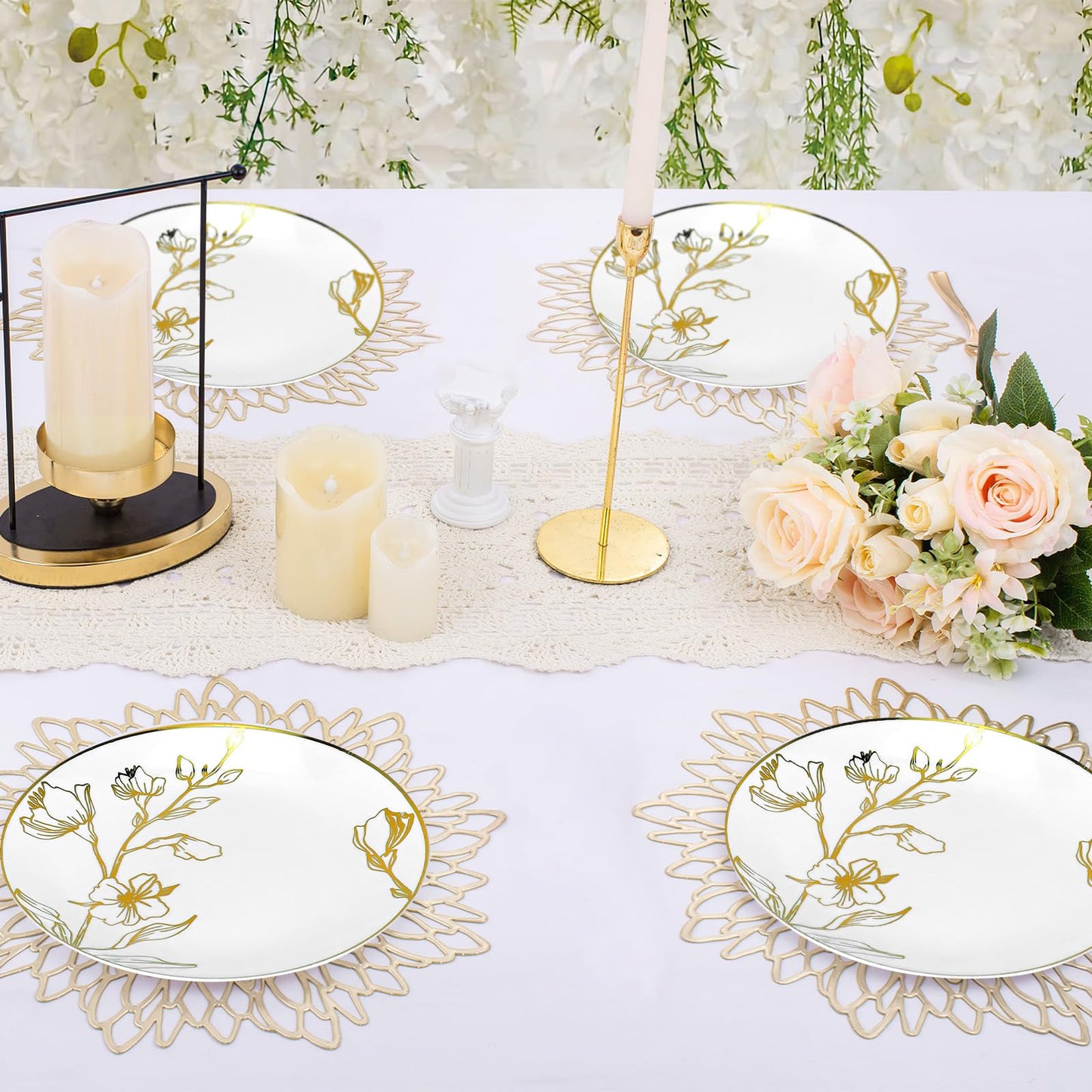 150Pcs Plastic Party Plates, 7.5 Inch Disposable Dinner Plates with White & Gold Rim Floral, Dessert Appetizer Elegant Fancy Wedding Plates Gold Plastic Plates for Party Holiday