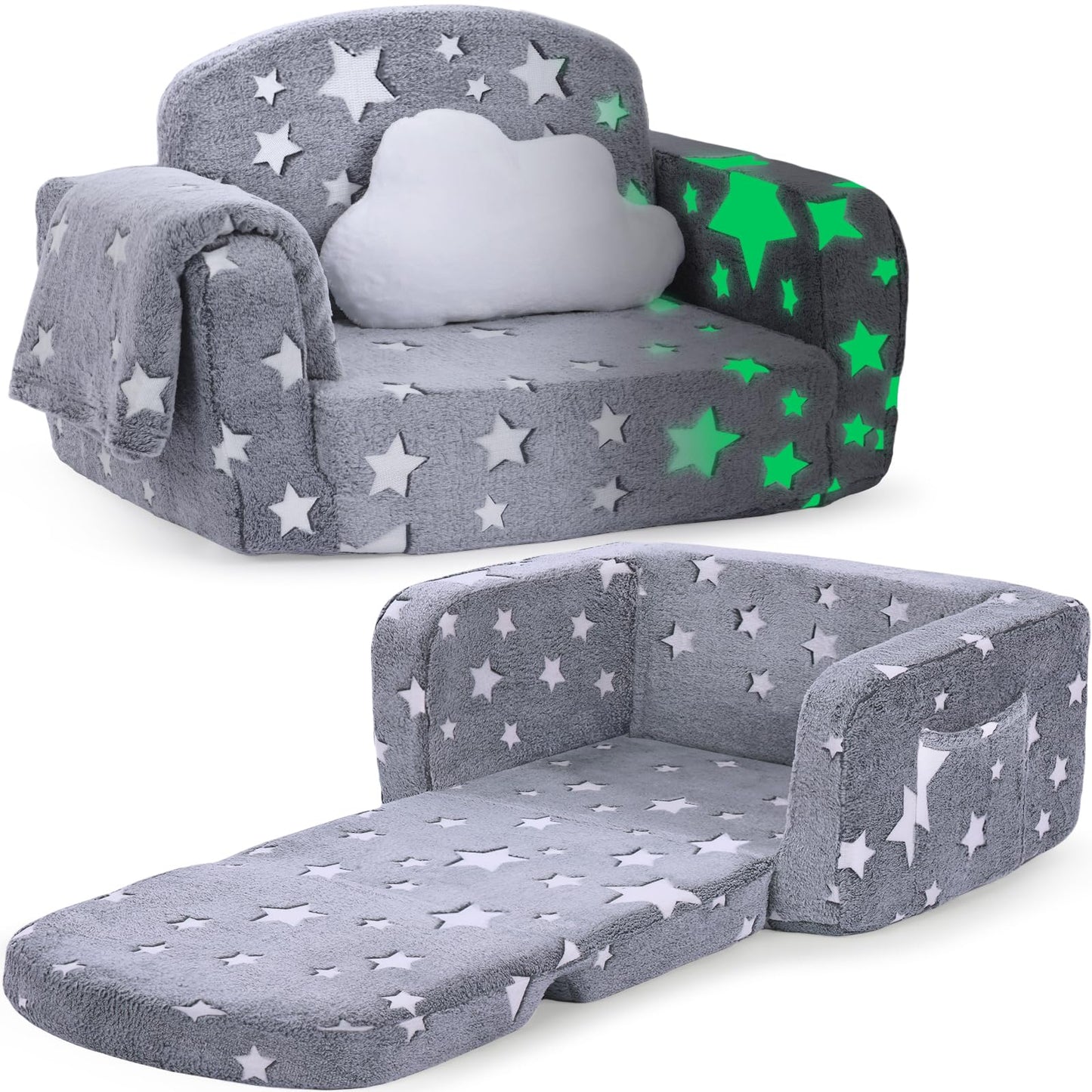 Kids Couch, 2-in-1 Soft Toddler Couch Fold Out with Blanket and Cloud Pillow, Glow in The Dark, Toddler Chair Comfy, Convertible Sofa, Gifts for Kids Girl Boys, Grey Star