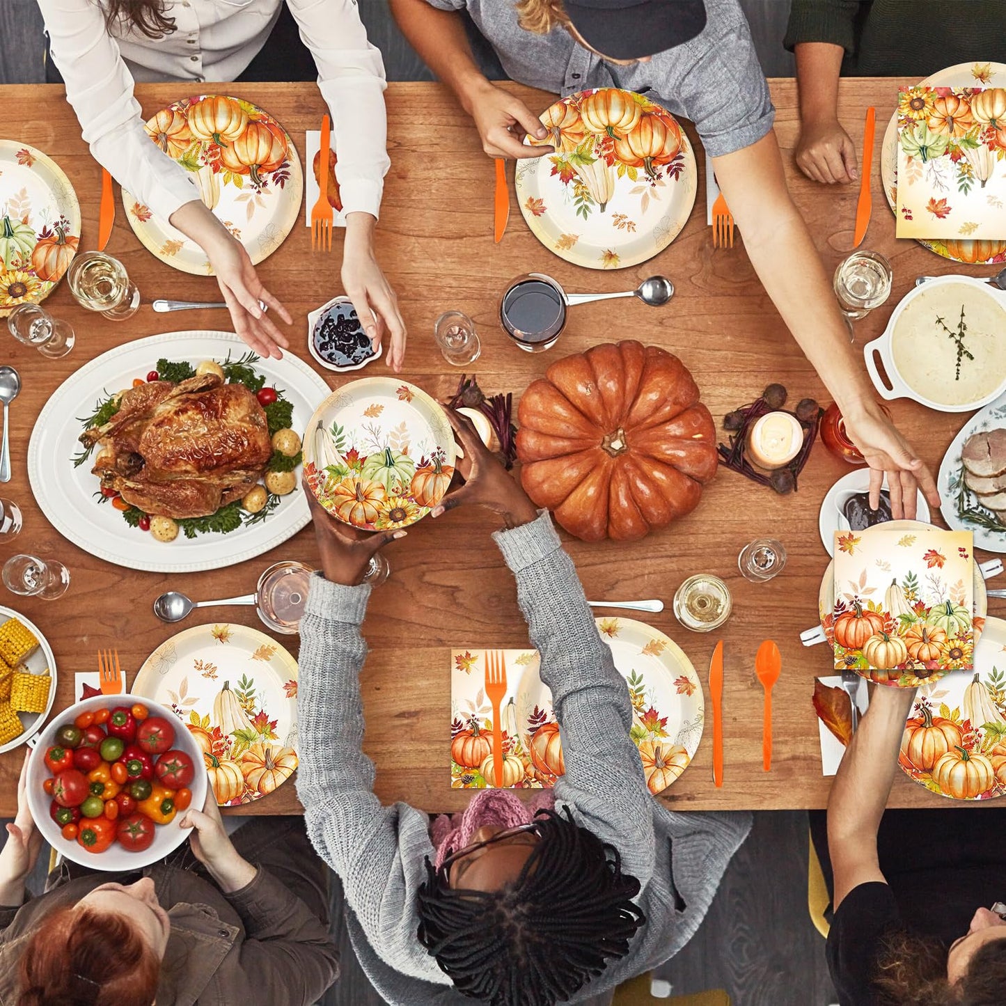 170PCS Fall Party Decorations Kit Includes Pumpkin Harvest Disposable Paper Plates, Napkins, Cups, Cutlery, Banner, Tablecloth for Autumn Holiday Thanksgiving Autumn Party Decorations, Serve 24