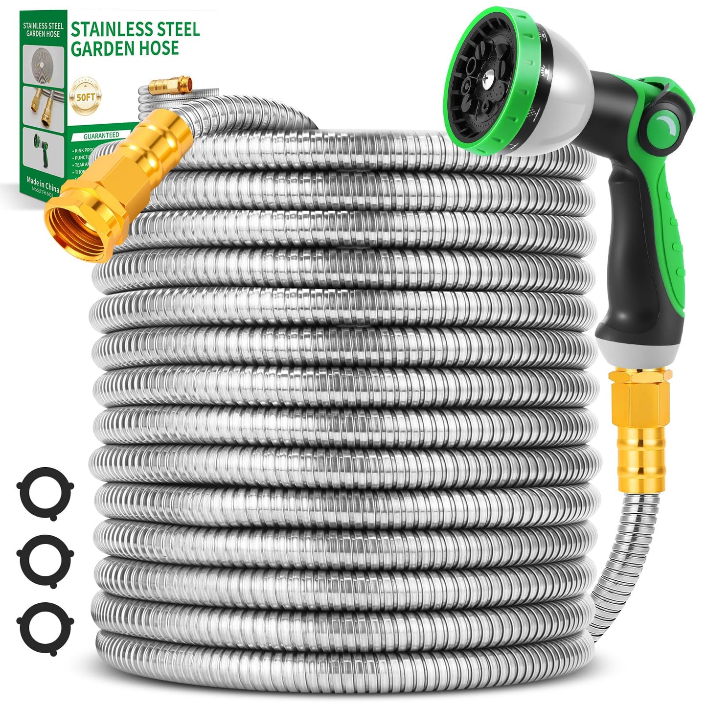 Toolasin Garden Hose 50FT, Flexible Stainless Steel Water Hose with 10-Function Nozzle, No-Kink, Leak-Proof, Anti-Pets, Wear-Resistant, 3/4 GHT, Easy to Use and Store, Ideal for Garden, Yard, Outdoor
