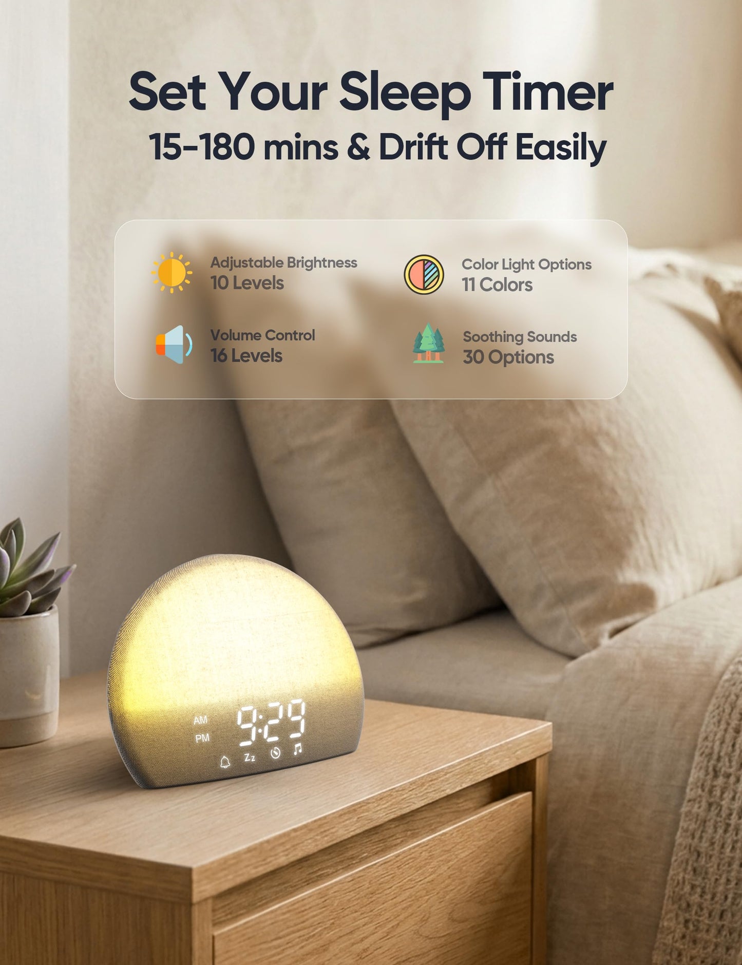 ERZERT Sunrise Alarm Clock & White Noise Machine for Adults and Kids 30 Soothing Sounds and 15-180 Mins Sleep Timer, Includes 11 Color Night Light & Naural Wake Up Light and Easy-Button Set Alarms