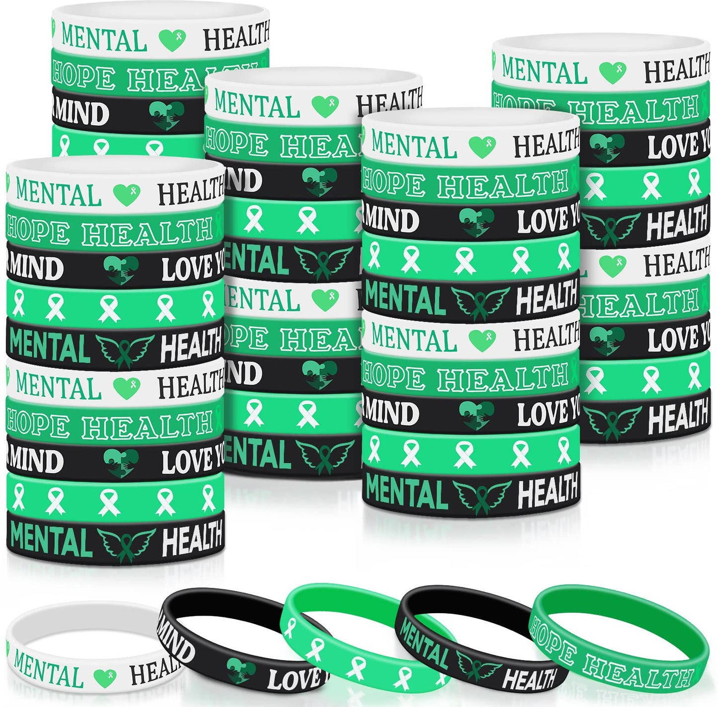 Wettarn 150 Pcs Mental Health Awareness Bracelet Bulk Green Awareness Ribbon Silicone Bracelets Rubber Motivational Wristbands Mental Health Gifts with Inspirational Saying for Women Men, 5 Styles