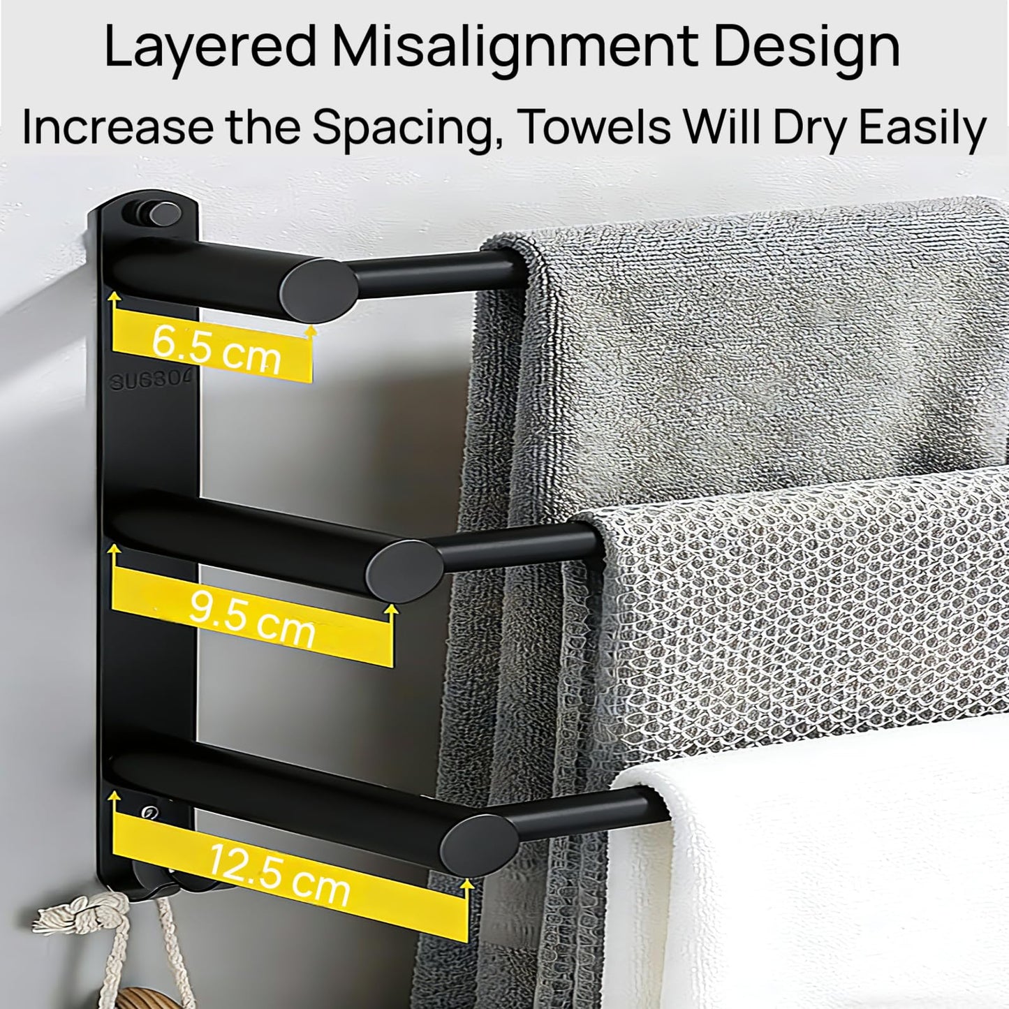 SUS304 Three Bar Adjustable Towel Rack, Expandable Range:16.5 Inches to 29.9 Inches, Bathroom Towel Holder with Double Hooks,Two Installation Methods:Drillinstallation and No-drill Installation(Black)