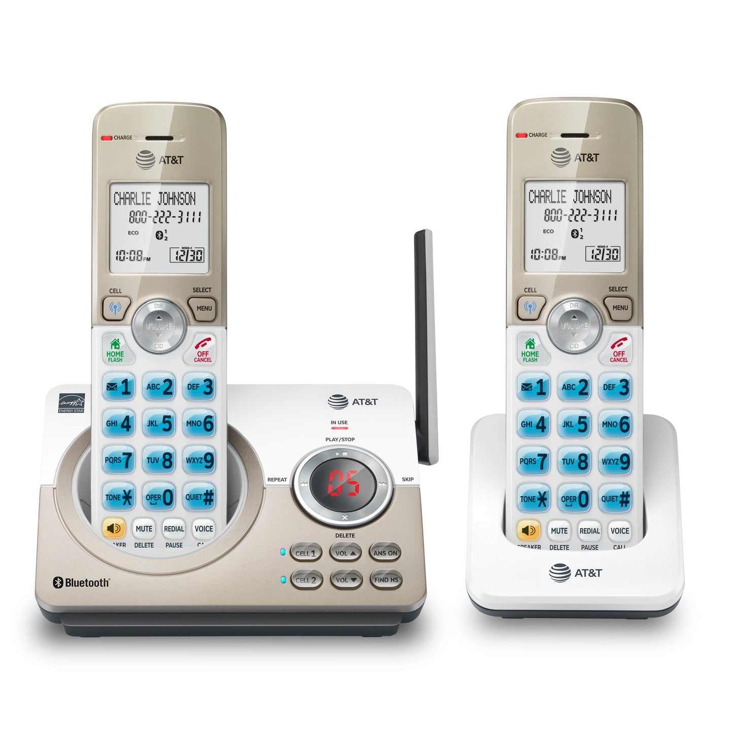 AT&T DL72219 DECT 6.0 2-Handset Cordless Phone for Home with Connect to Cell, Call Blocking, 1.8" Backlit Screen, Big Buttons, intercom, and Unsurpassed Range, White/Champagne