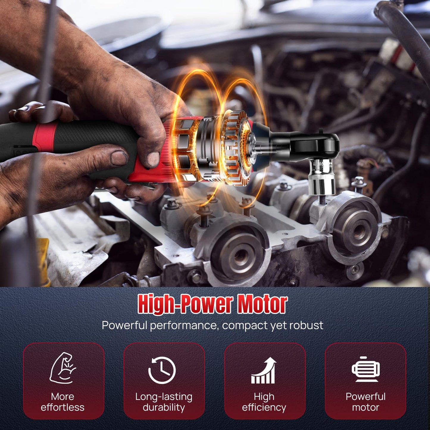 Cordless Electric Ratchet Wrench Kit, 0-2300 RPM 3/8 Inch Power Ratchet Wrench with Variable Speed Trigger 2X 1.5Ah Li-Ion Batteries, 7 Sockets, Fast Charge -Red