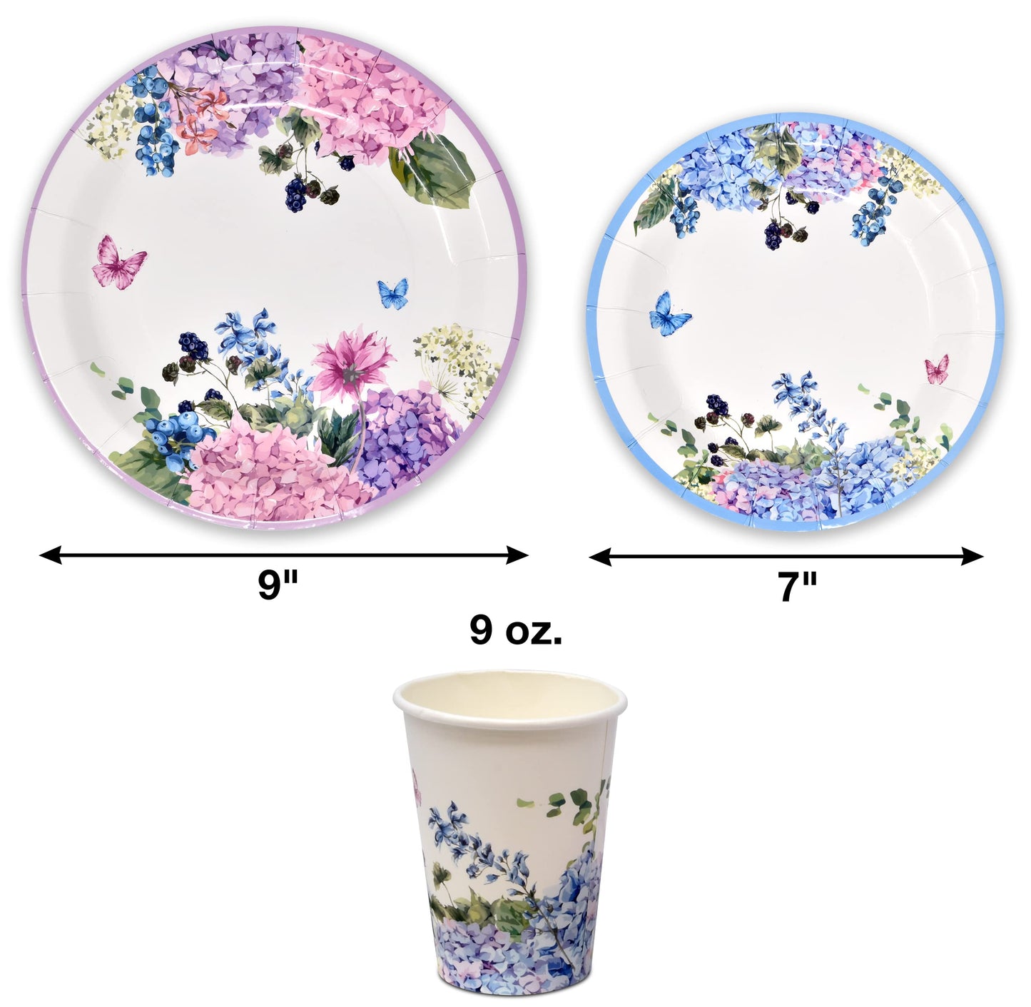 Gift Boutique Floral Hydrangea Party Supplies 7" Paper Plates Cups & Napkins Spring Flowers Baby Shower Bridal Tea & Birthday Disposable Set