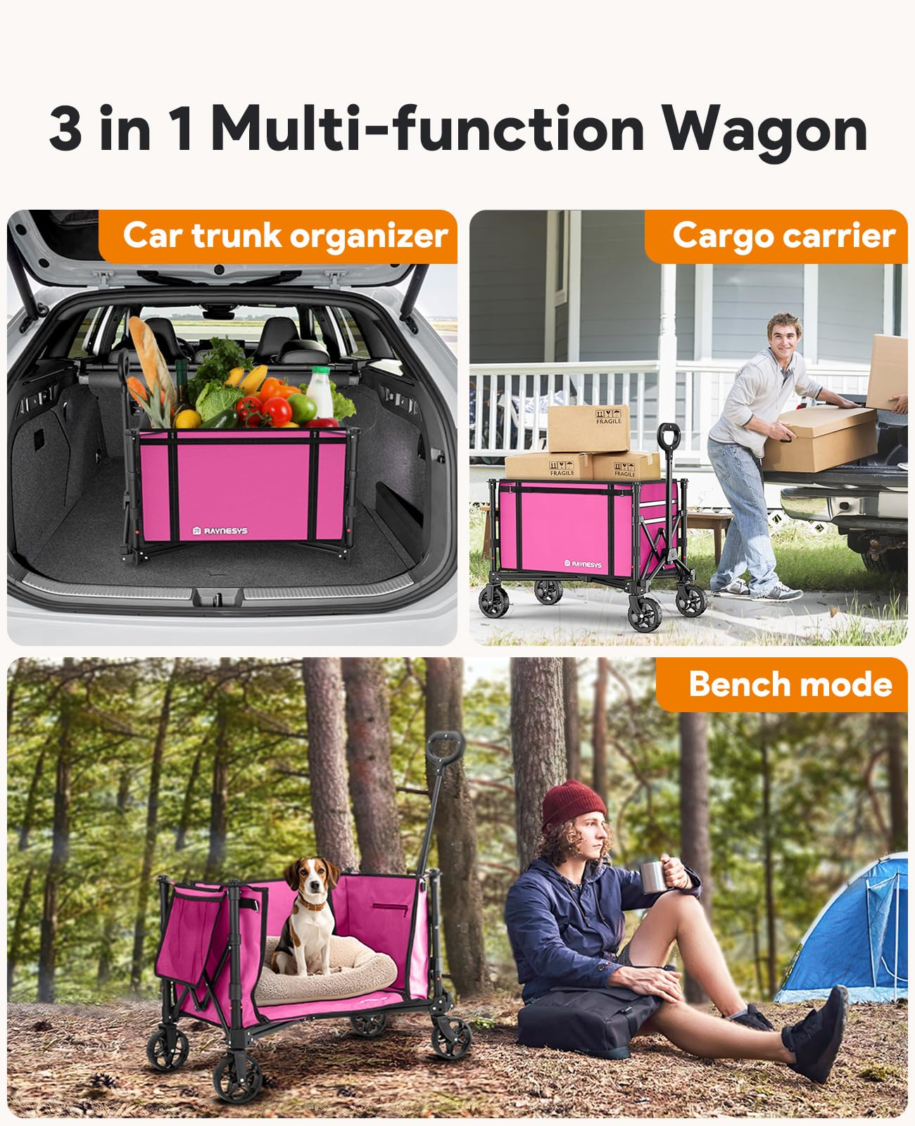 3 in 1 Collapsible Wagon Converts to Bench, 220lbs Foldable Wagon Cart with Wheels, 120L Shopping Cart for Groceries Folding Utility Wagon for Beach, Garden, Camping, Sport (Pink)