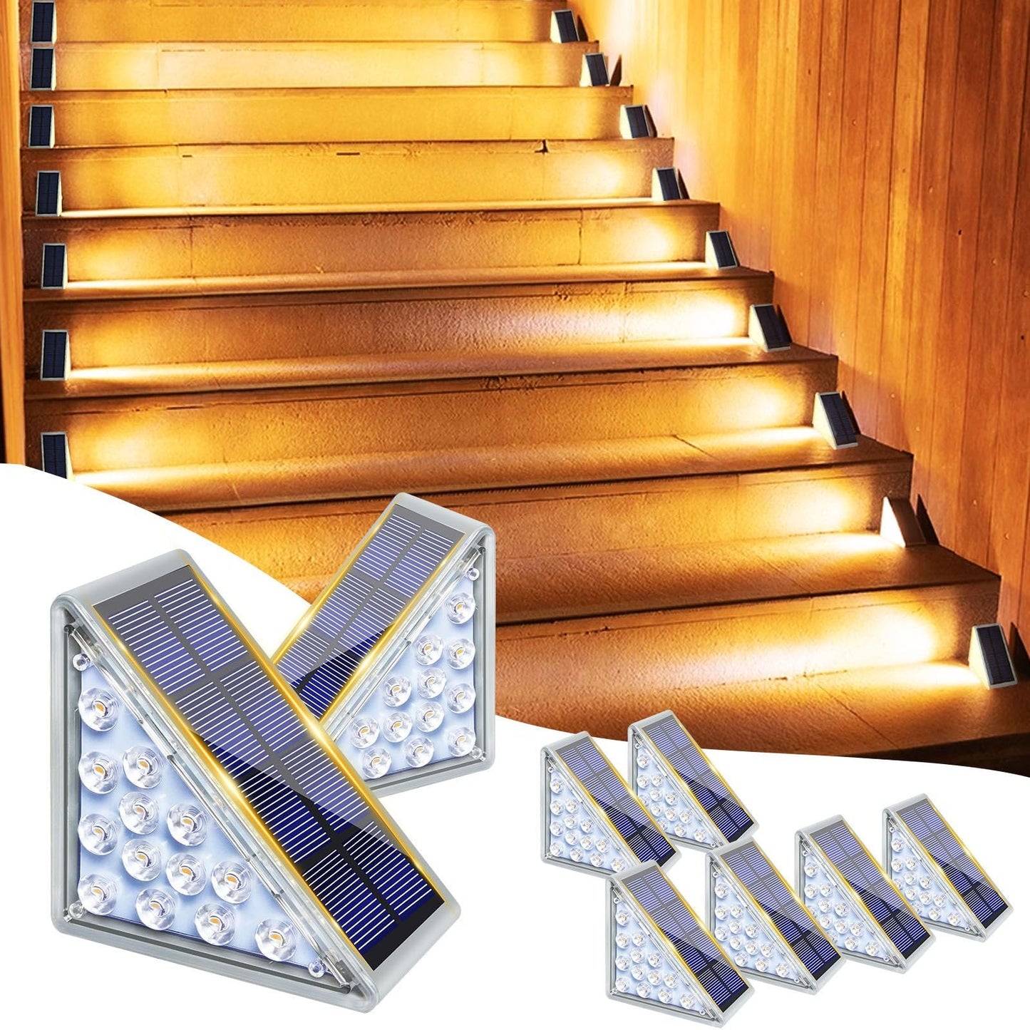 MoKasi Solar Stair Lights Outdoor - Triangle Stair Lights Outdoor Decor - LED Step Lights Waterproof - Solar Powered Porch/Patio/Curb Appeal/Front Door Motion Sensor Lighting - Warm White 8 Pack
