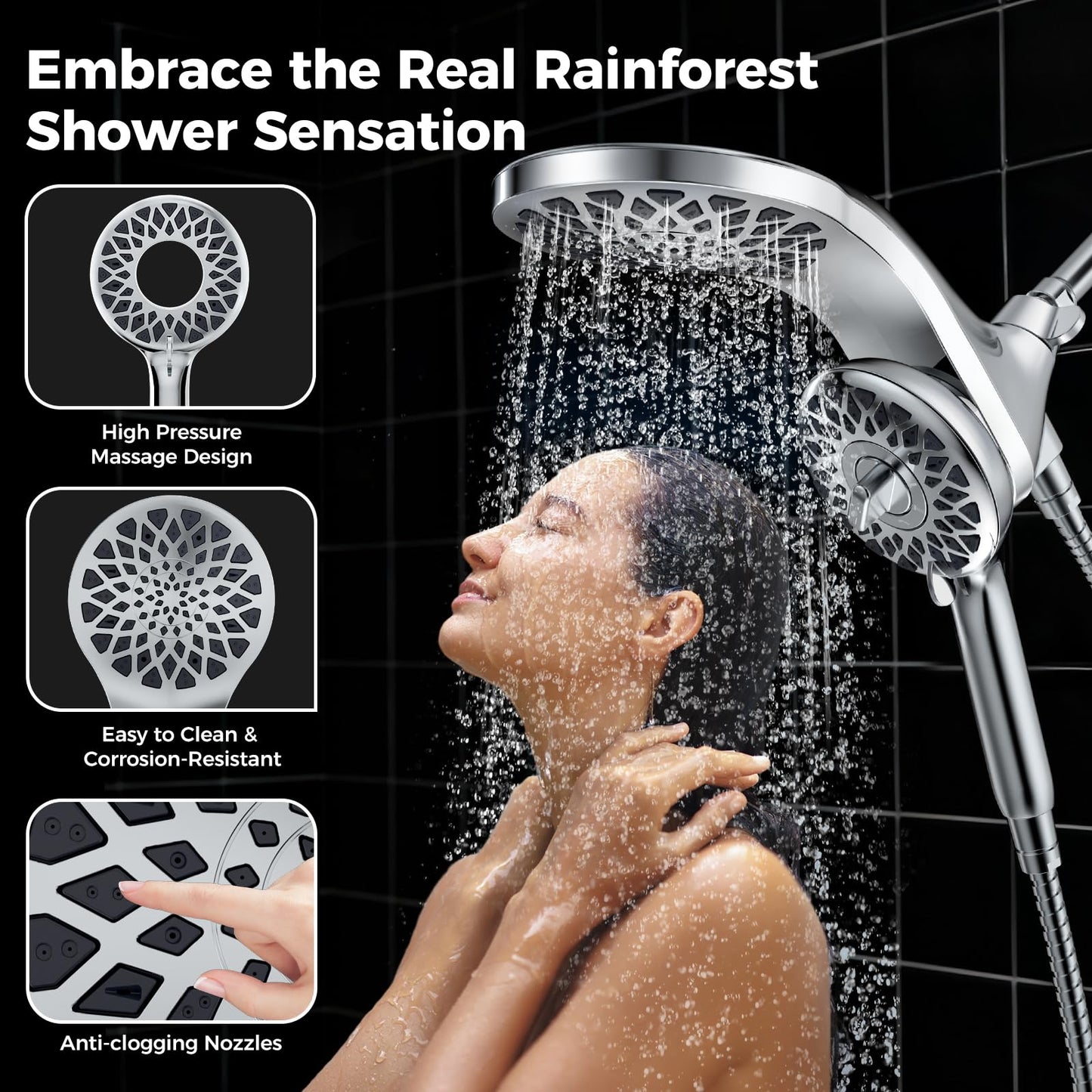 High Pressure Shower Head with Handheld : Rain Shower Head with 10 Sprays Modes - Dual Showerhead with Upgrade Knob Spray Mode Selector and Magnetic Guidance Docking System