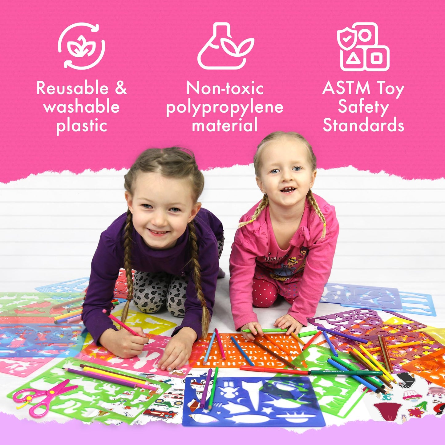 Mimtom Drawing Stencils Set for Kids and Girls | 51 PC Arts and Crafts Stencil Kit with Over 270 Shapes to Unleash Your Child's Creative Mind | Kid-Safe Educational Activity Toy for Ages 4 & Up