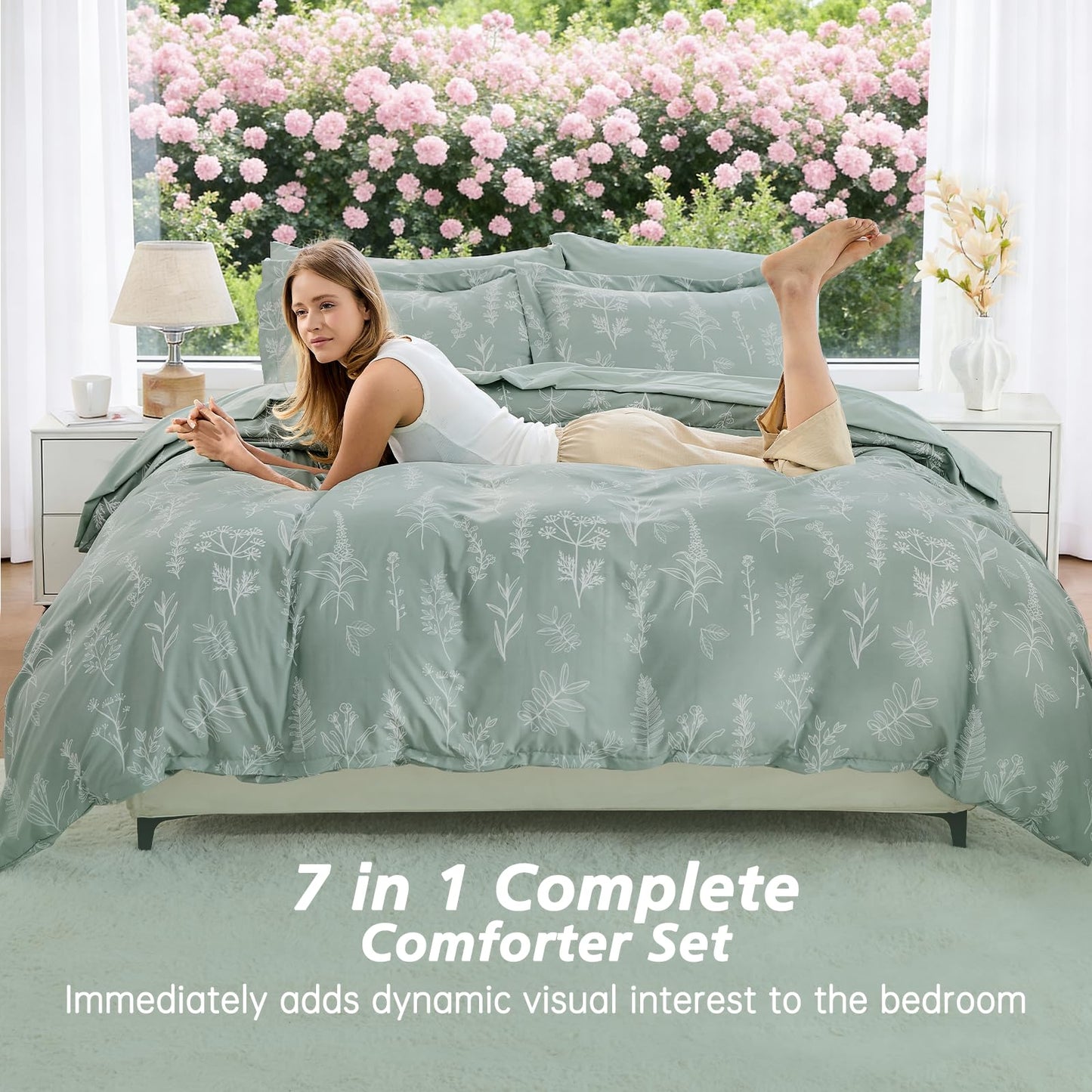 MUXHOMO Bed in a Bag Queen 7 Pieces, Sage Green Queen Comforter Set Reversible Botanical Flowers Design, Ultra Soft & Breathable Bedding Sets with Comforter, Sheets, Pillowcases & Shams