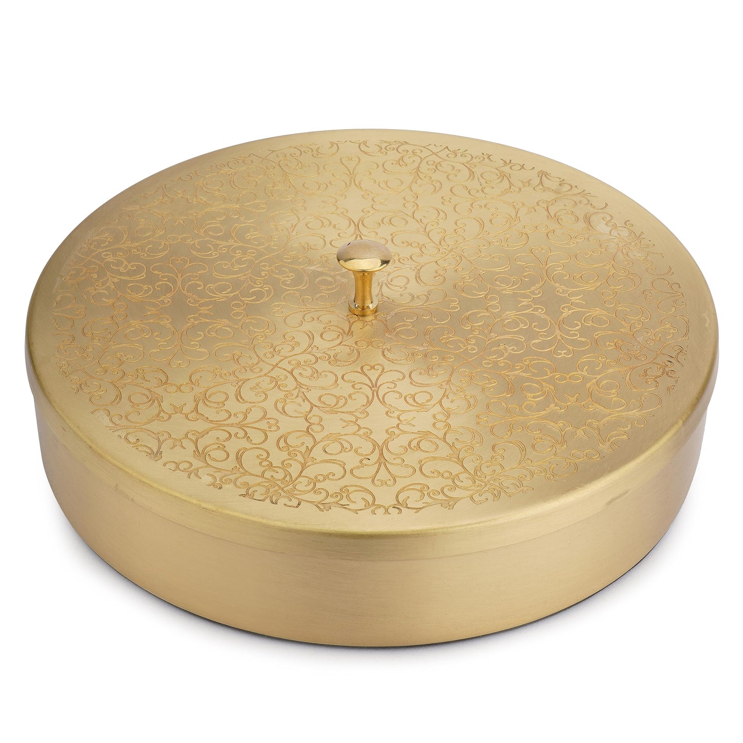 Ajuny Handmade Golden Brass Spice Box with Embossed Lid - Round Masala Dabba, 7 Removable Spice Storage Containers and 1 Spoon, Ideal for Spices and Herbs