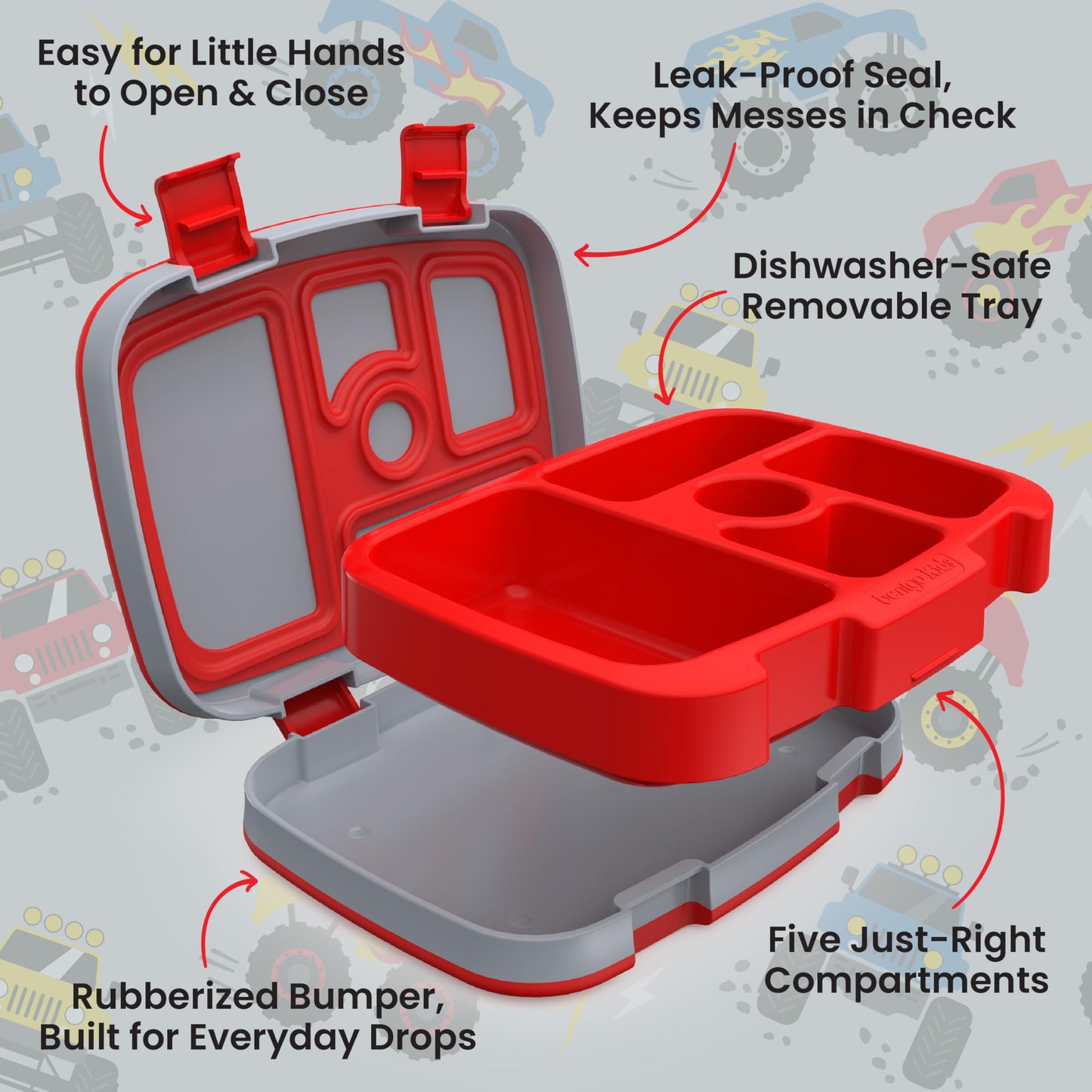 Bentgo Kids Prints Leak-Proof, 5-Compartment Bento-Style Kids Lunch Box - Ideal Portion Sizes for Ages 3 to 7 - BPA-Free, Dishwasher Safe, Food-Safe Materials - 2021 Collection (Trucks)