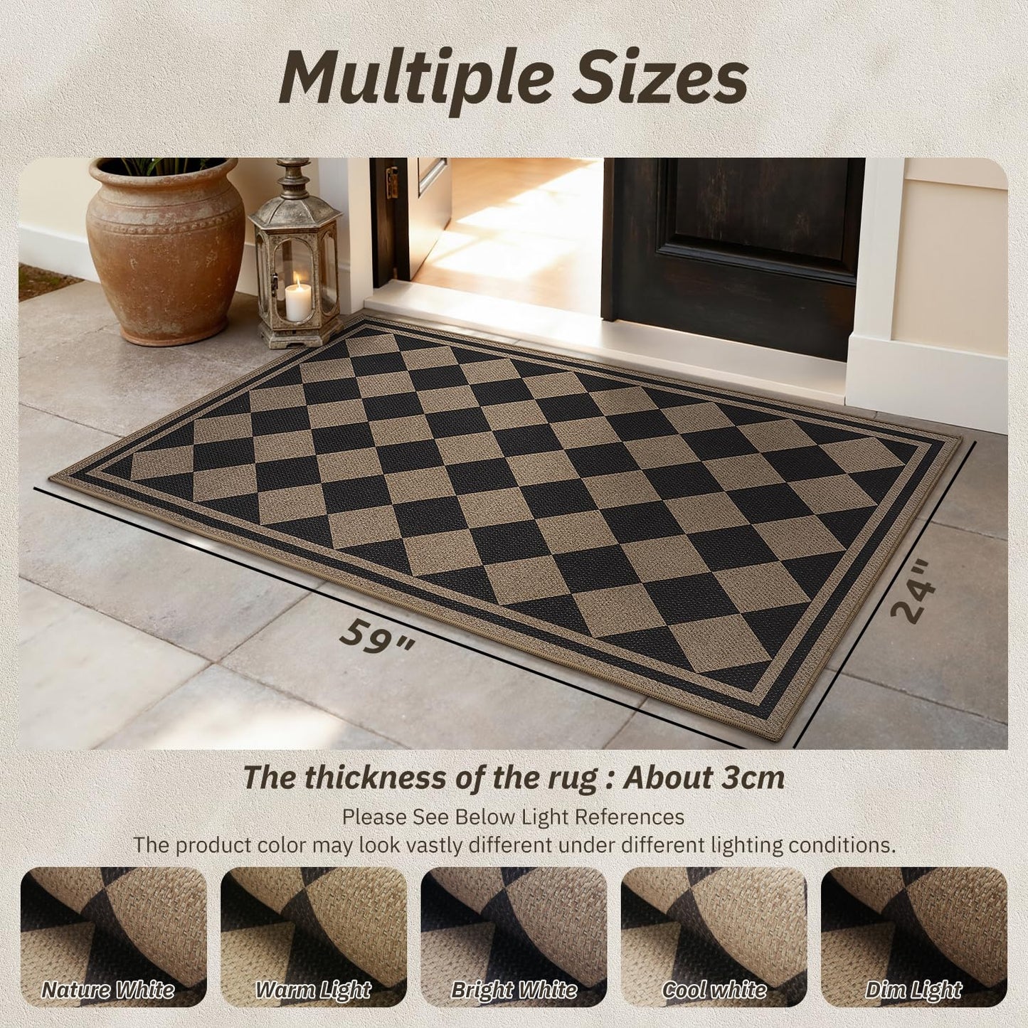 Front Door Mat Indoor Outdoor Mat for Entrance Mat Easy-Jute Entryway Mat-Mud Trapper Absorbent Low-Profile Fall Door Mats Entry Rug Checkered Black 90x150cm