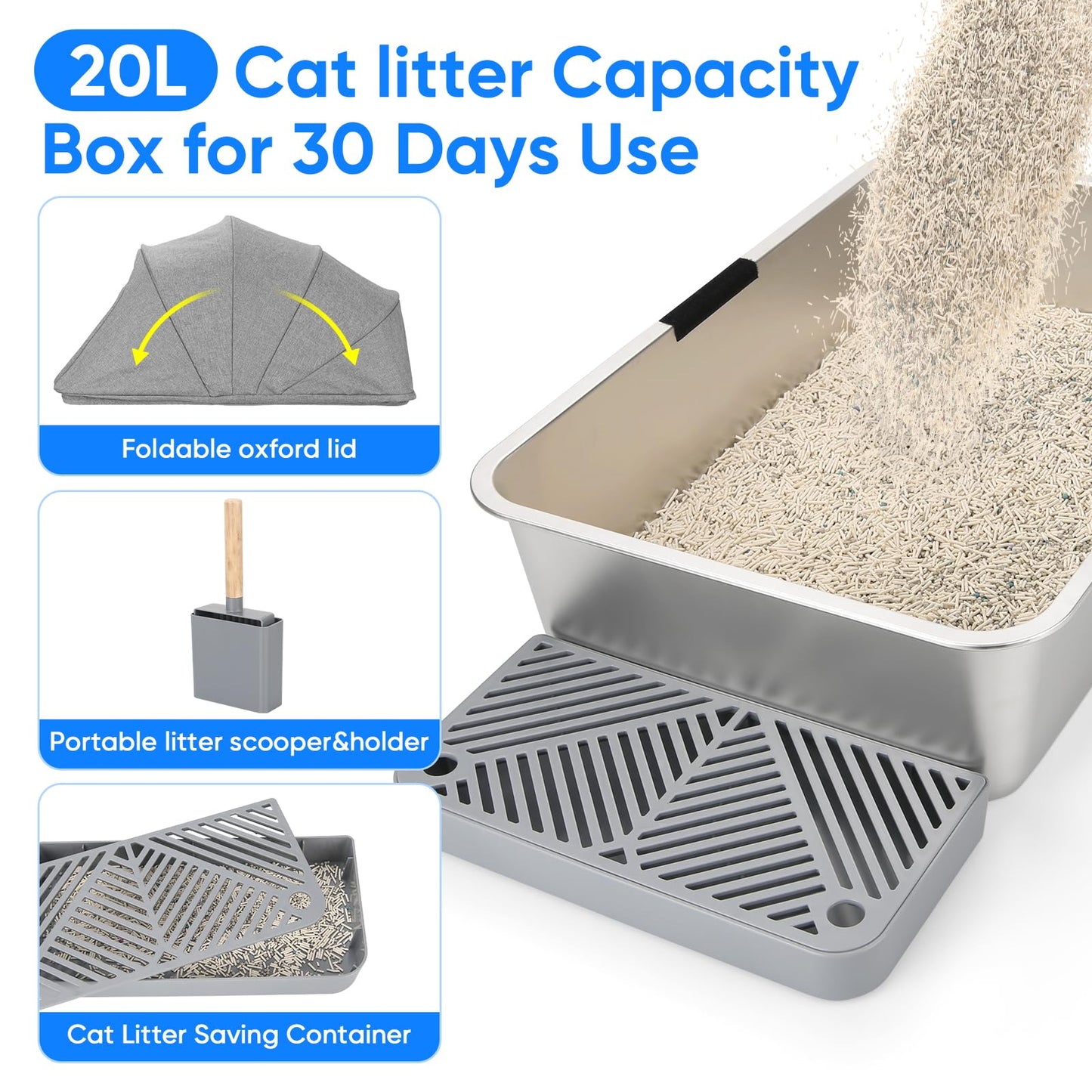 Enclosed Stainless Steel Cat Litter Box with Oxford Lid, 24" Lx16 Wx17 H Extra Large Litter Box for Big Cats, Anti-Leakage, Odor Control Litter Pan Tray with Litter Scooper,Non Stick Smooth Surface