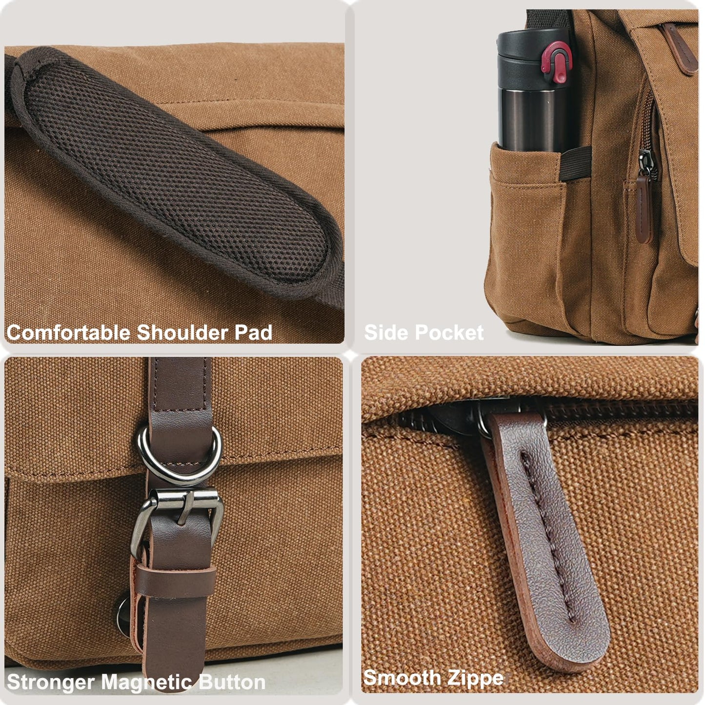 Vintage Messenger Bag 15.6 Inch Laptop for Men Women,Travel Crossbody Shoulder Purse Canvas Briefcase Work Office College (Coffee-Upgrade)