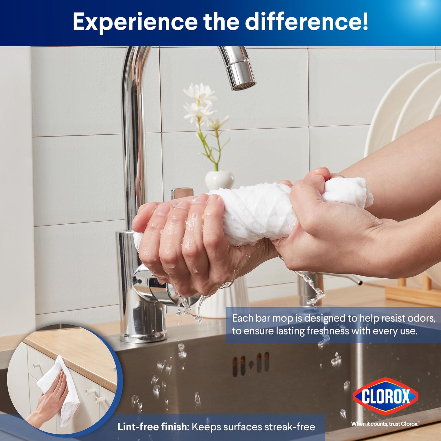 CLOROX Waffle Bar Mops - Microfiber Quick Dry Dishcloths - Absorbent Multipurpose Cleaning Cloths for Restaurants, Kitchen, Bathroom, Hotel - 16" x 19" - White 6 Pack