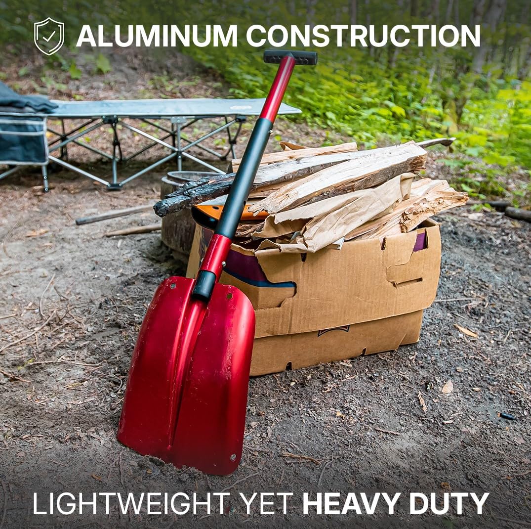 72HRS Collapsible 3-in-1 Aluminum Compact Snow Shovel - Snow Removal in Winter, Emergency Kit for Vehicle, Car, Van, SUV, Truck, Snowmobile, Snowboard Gear, Camping, Gardening (Red, 21”-32”)