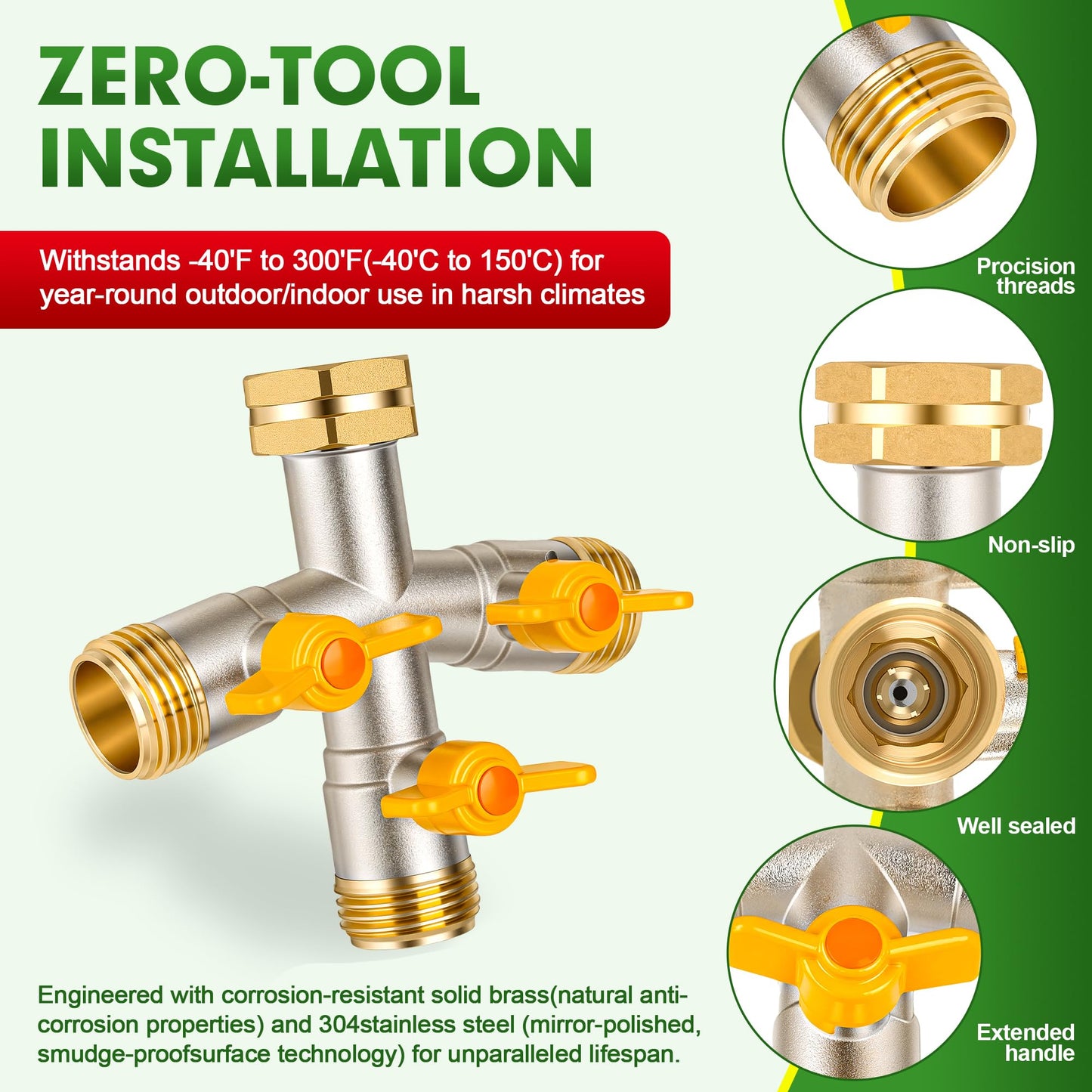 DINGBAI Hose Splitter 3 Way, High Flow Garden Hose Splitter, 3/4” GHT Inlet Brass Heavy Duty Hose Converter, Water Three- Way Faucet Hose Splitter, Stainless Steel Handle Hose Valve Large Outlet.