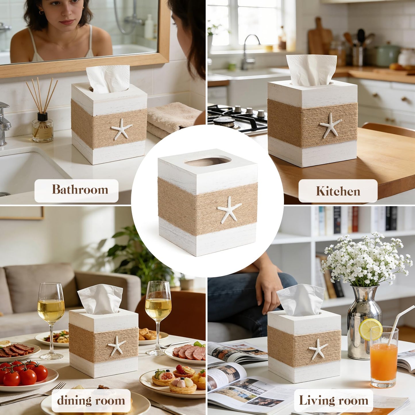 2 Pack Beach Rustic White Wood Square Tissue Box Cover with Slide-Out Bottom Panel - Beach Bathroom Decor Tissue Box Holder with Starfish for Living Room, Desk, Bedroom, Bathroom