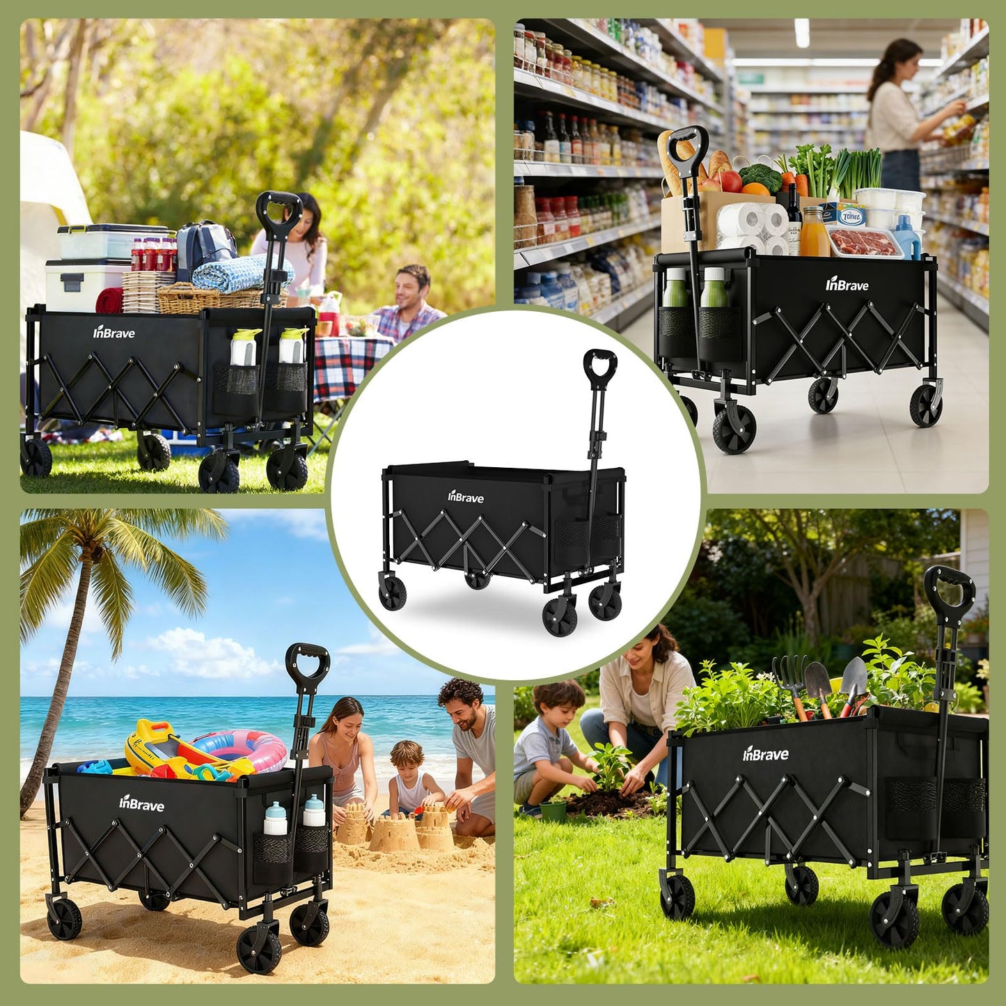 InBrave Collapsible Wagon Cart with All-Terrain Wheels, Foldable Wagon with 380LBS Load Capacity, Portable Lightweight Utility Wagon for Shopping, Grocery, Beach, Garden (Black)