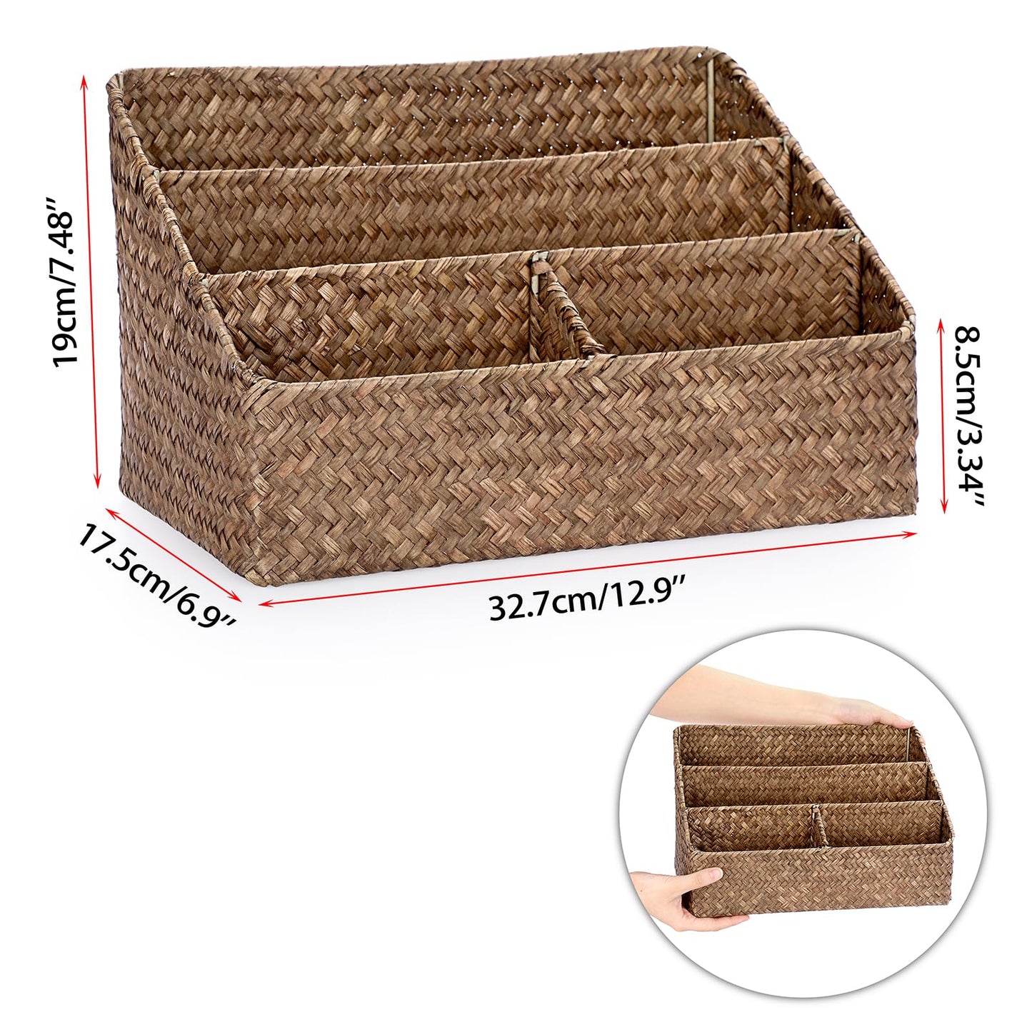 BTSKY Natural Seagrass Desk Organizer, Handmade Woven Wicker Mail Sorters with 4 compartments, Office Supply Caddy Accessories Holder Organizer for School, Home