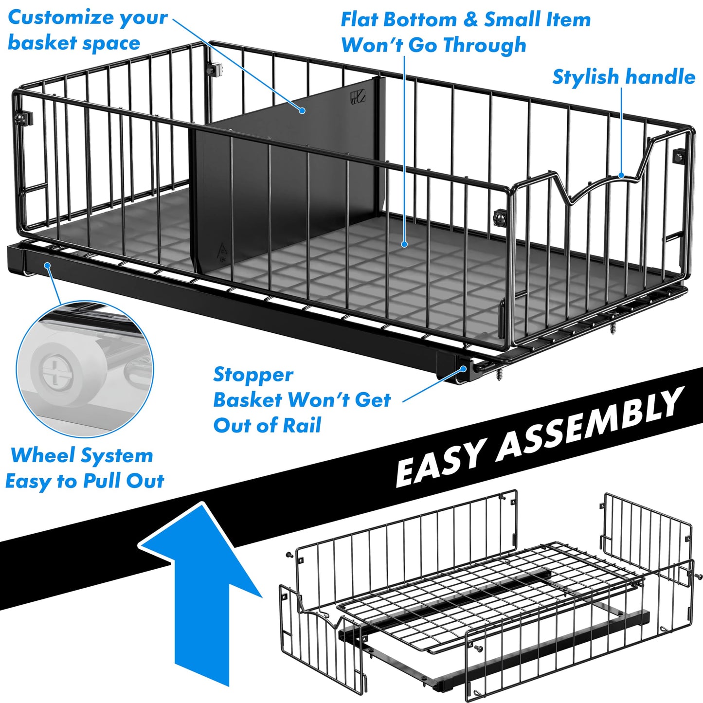 Simple Houseware Pull Out Sliding Basket Cabinet Drawer Organizer for Cupboard Storage, Black