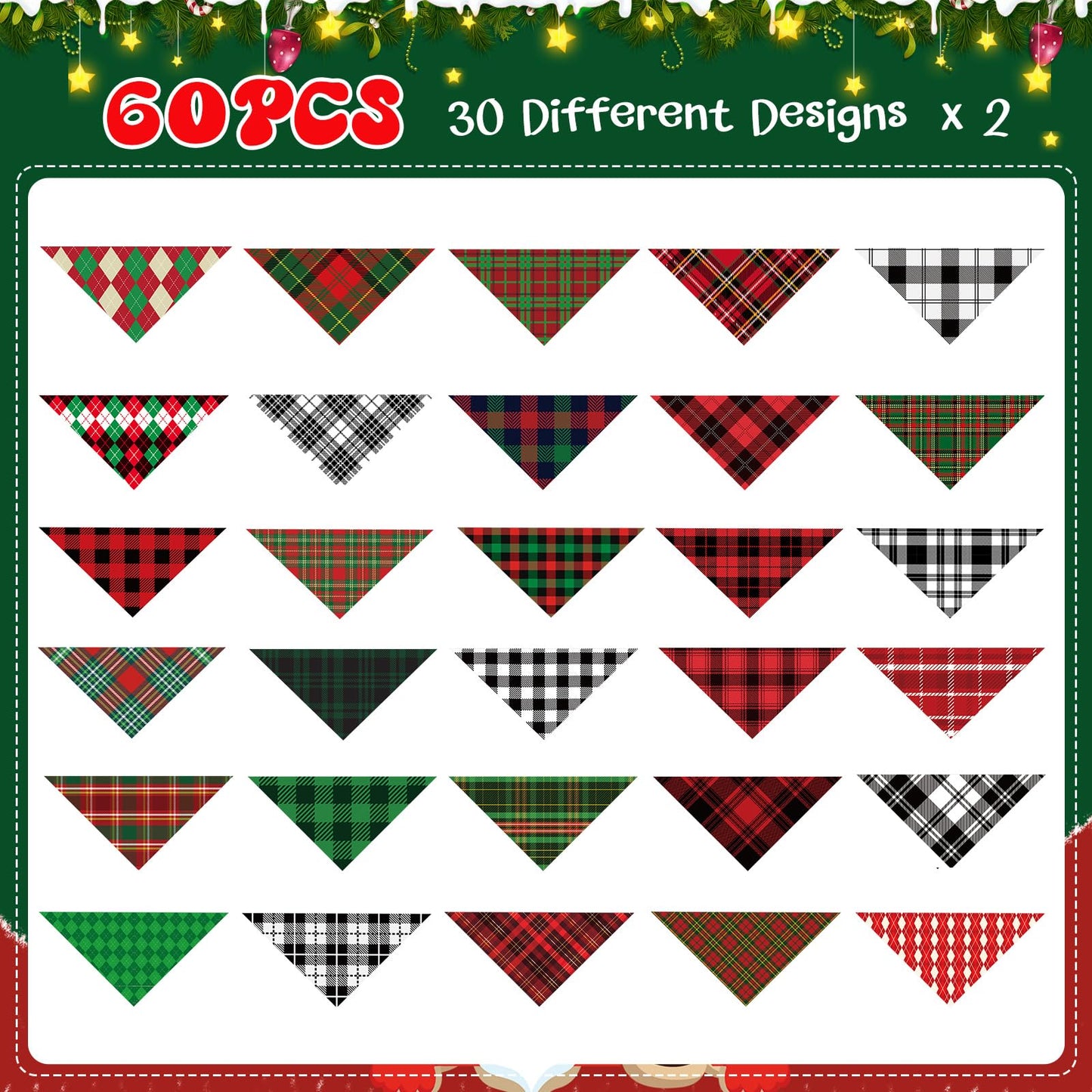 Sanwuta 60 Pcs Christmas Plaid Dog Bandanas Bulk Holiday Dog Scarf Bibs Puppy Bandanas Adjustable Washable Kerchief Pet Costume Accessories Grooming Supplies for Small to Medium Cats Dogs